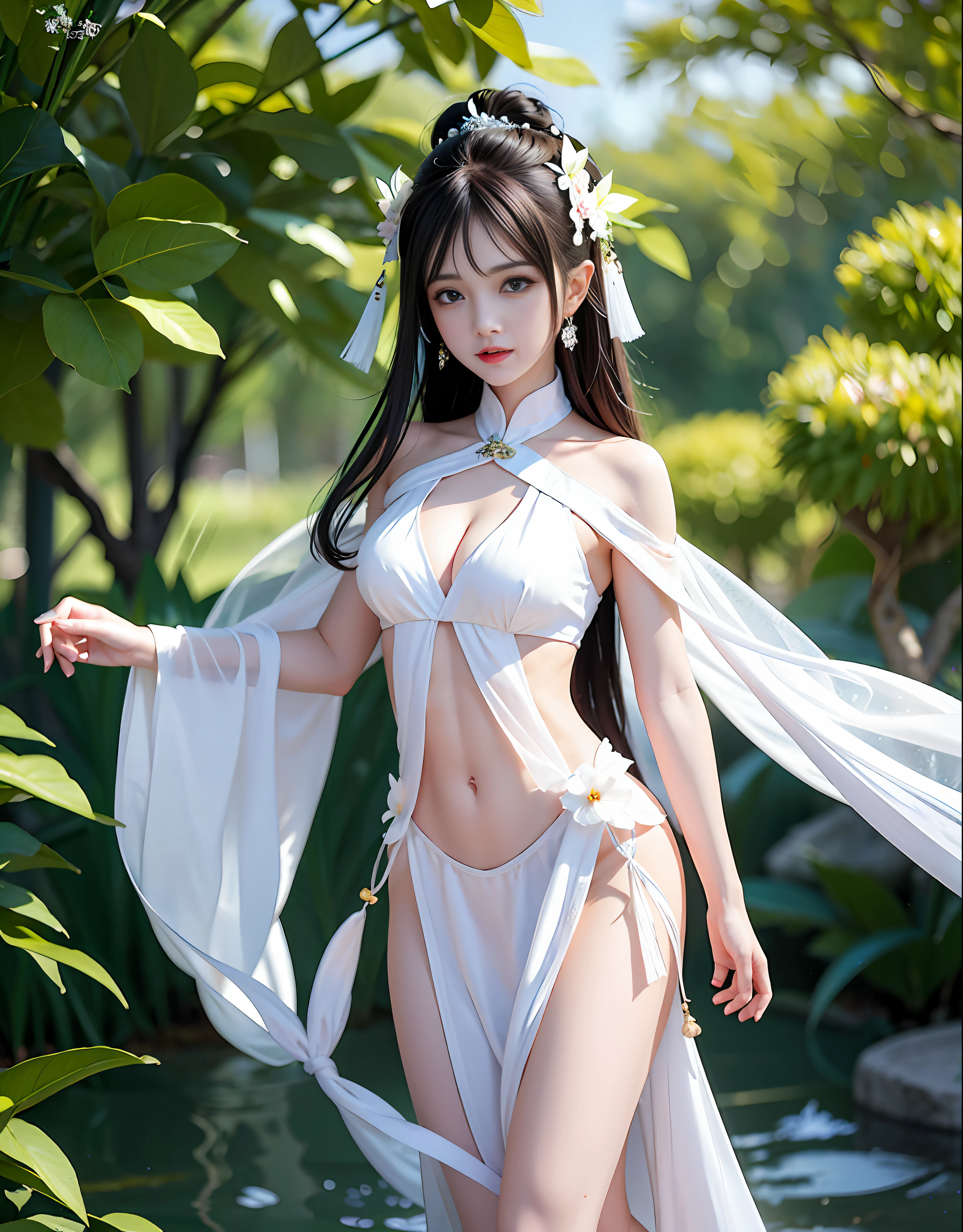 Super beautiful Chinese woman in white fairy dress, perfect body, bare shoulders, bare breasts, bare belly, bare legs, transparent, drenched, charming figure,