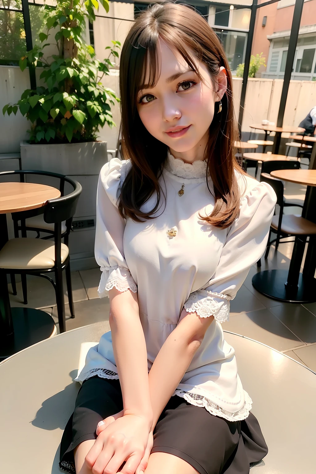 best quality, masterpiece, ultra high res, 8K, raw, (photo realistic:1.4), professional lighting, sharp focus, 1 girl, (detailed background:1.5), (at the cafe:1.3), full body, slender, sit on a chair, cute, 24yo, smile, tiny breasts, detailed clothes, (embroidery dress, mock neck)