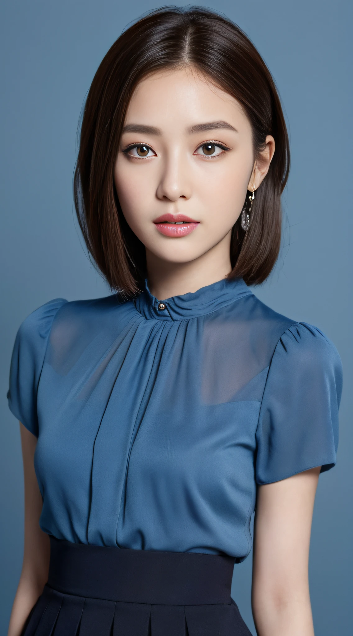 ((top quality, 8k, masterpiece: 1.3)), Sharp Focus: 1.2, Perfect Body Beauty: 1.4, Dark Brown Hair, blouse and skirt, (Natural Light, empty blue background: 1.5), Highly Detailed Face and Skin Texture, Detailed Eyes, Double Eyelids, walking