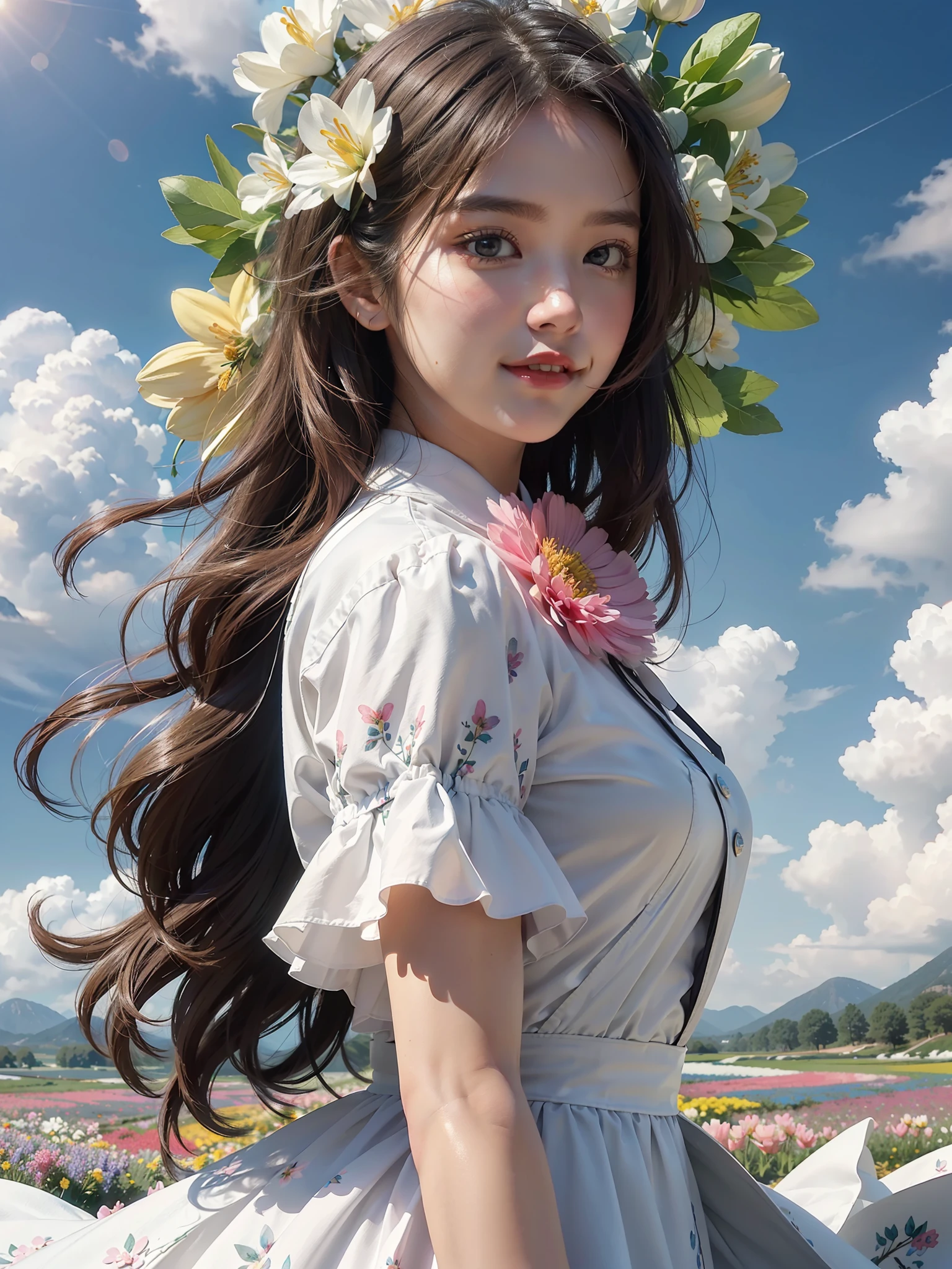 1girl, dynamic angle, cloud and mountain, (flower field:1.4) in the foreground, white dress, light tracing, (floating colorful wind:1)
(photorealistic:1.4), official art, unity 8k wallpaper, ultra detailed, beautiful and aesthetic, masterpiece,best quality, glowing skin, cinematic lighting, light smile