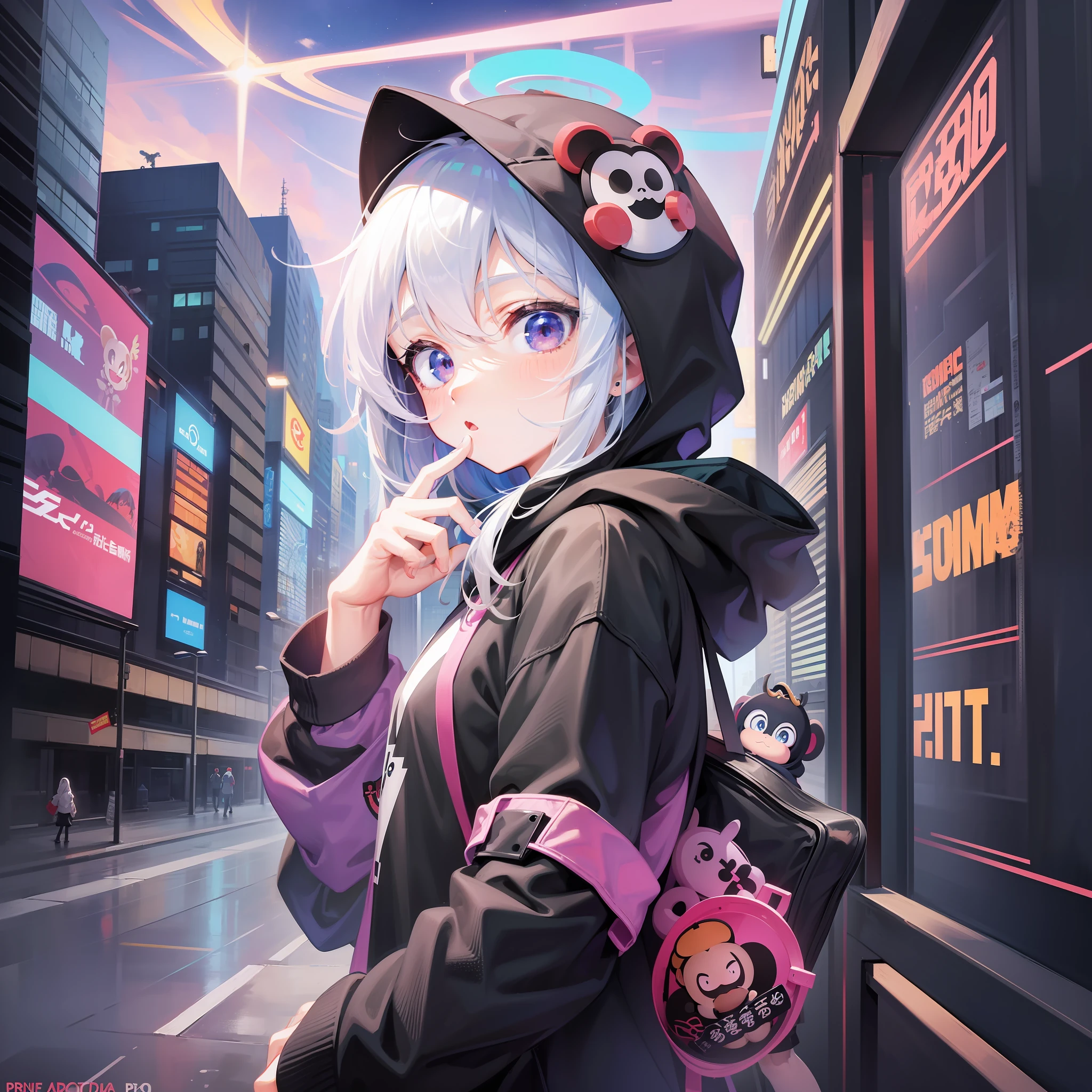 Girl in hoodie, index finger to mouth, facing camera, upper body, monkey, monkey sticker, key anime art, projectile on broken digital art, anime art wallpaper 8K, anime style 4K, badass anime 8K