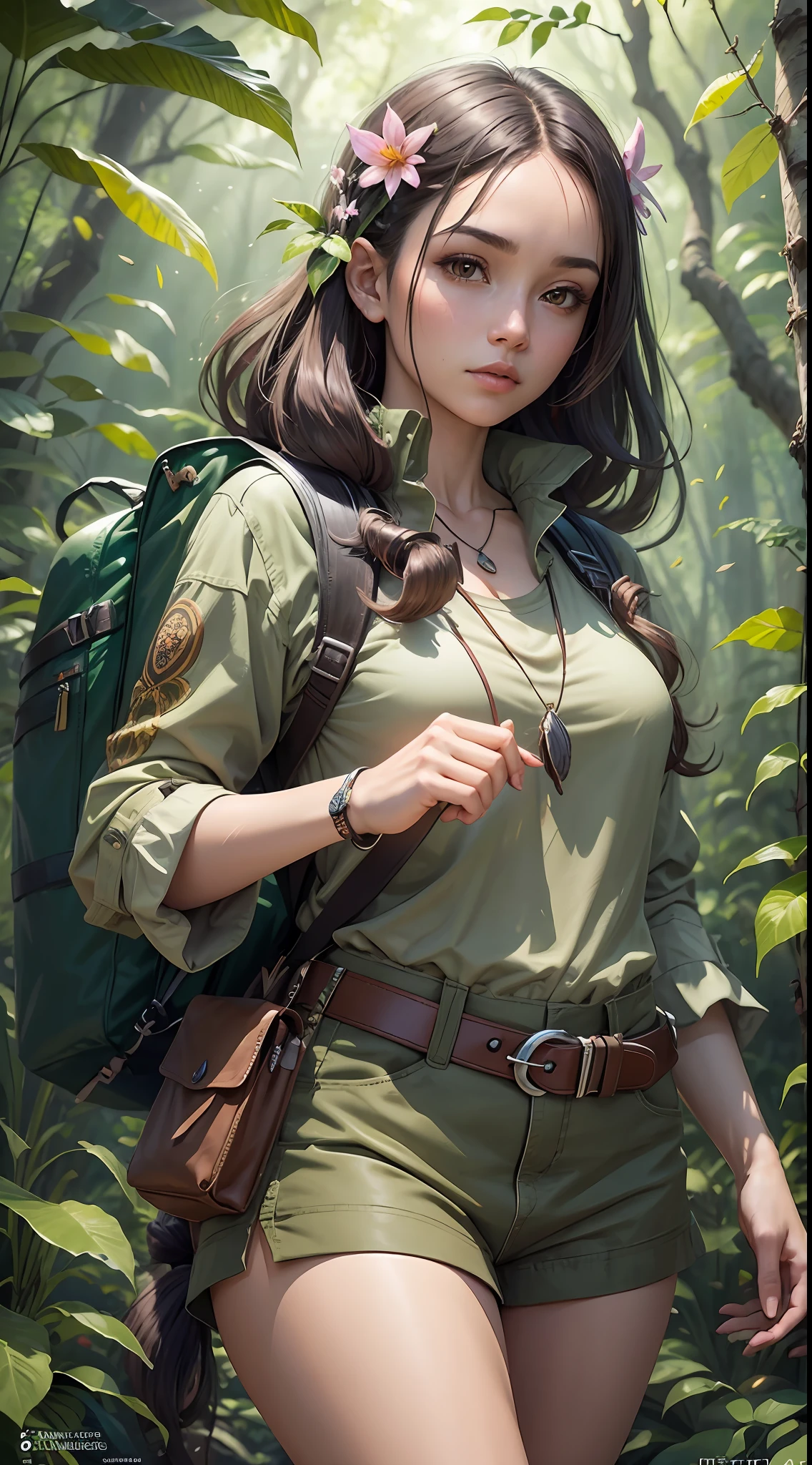 Beautiful adult woman, full-length, beautiful figure, savage from the islands, hunter of mysterious creatures, observing the creature, in ambush, studying the creature found, in ranger clothes, with a large backpack, detailed clothes, many pockets, many belts, everything is hung with gadgets, catches small mysterious creatures, hunts small creatures, mysterious forest, beautiful forest, nature surrounded by flowers, delicate leaves and branches surrounded by fireflies,  natural elements, jungle theme, leaves, branches, fireflies, particle effects, super detail