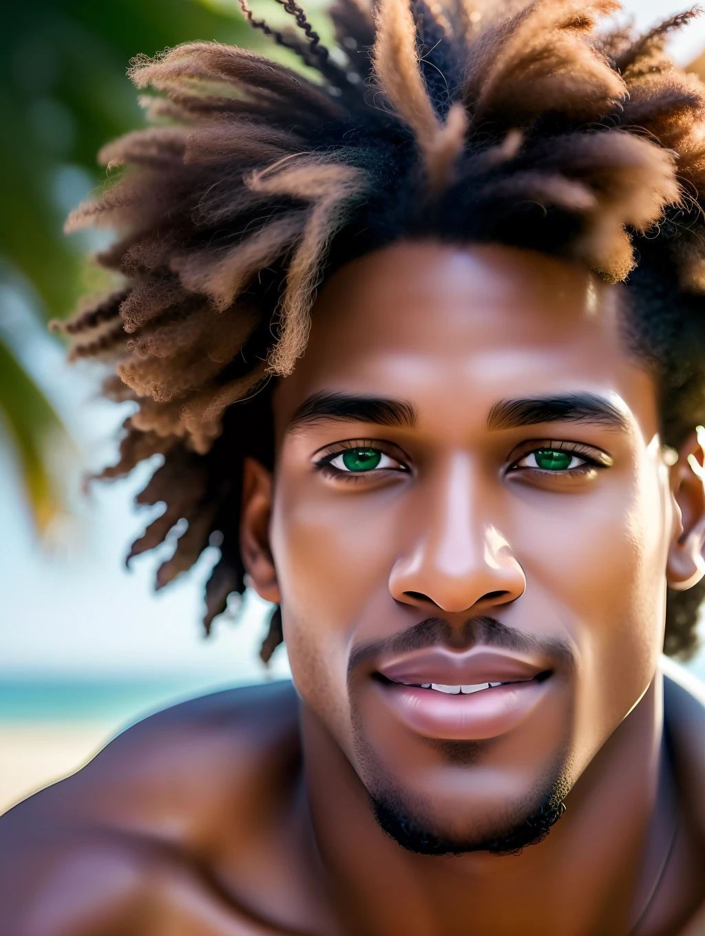 Cinematic soft lighting illuminates a stunningly detailed and ultra-realistic handsome Afro-American male supermodel, beach look, ultra short messy light brown hair, clear green eyes, captivating perfect smile, sensual, hot man, insanely handsome, that is trending on ArtStation. Octane is the perfect tool to capture the softest details of this 16k photography masterpiece.