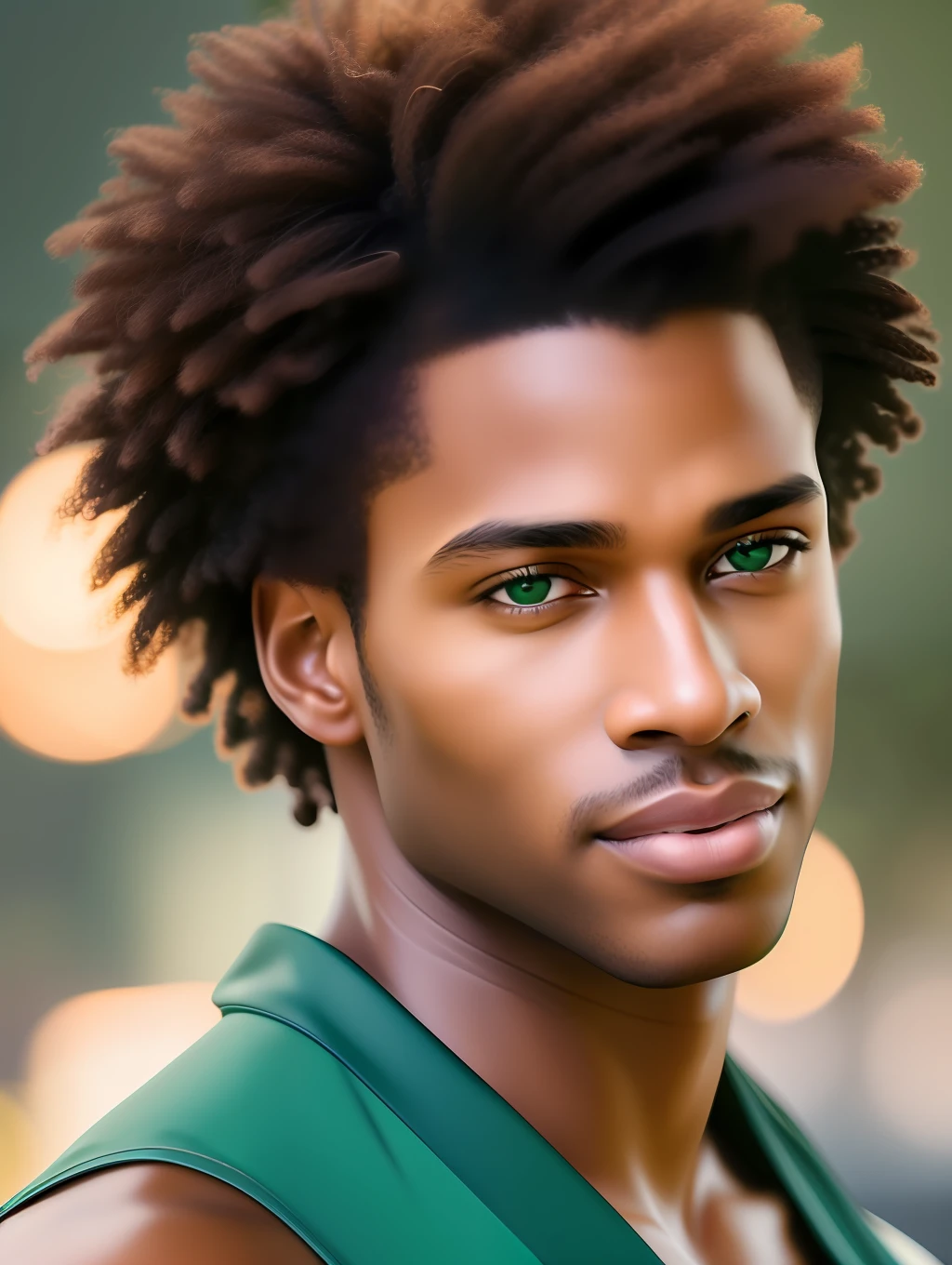 Cinematic soft lighting illuminates a stunningly detailed and ultra-realistic handsome Afro-American male supermodel, beach look, ultra short messy light brown hair, clear green eyes, captivating perfect smile, sensual, hot man, insanely handsome, that is trending on ArtStation. Octane is the perfect tool to capture the softest details of this 16k photography masterpiece.