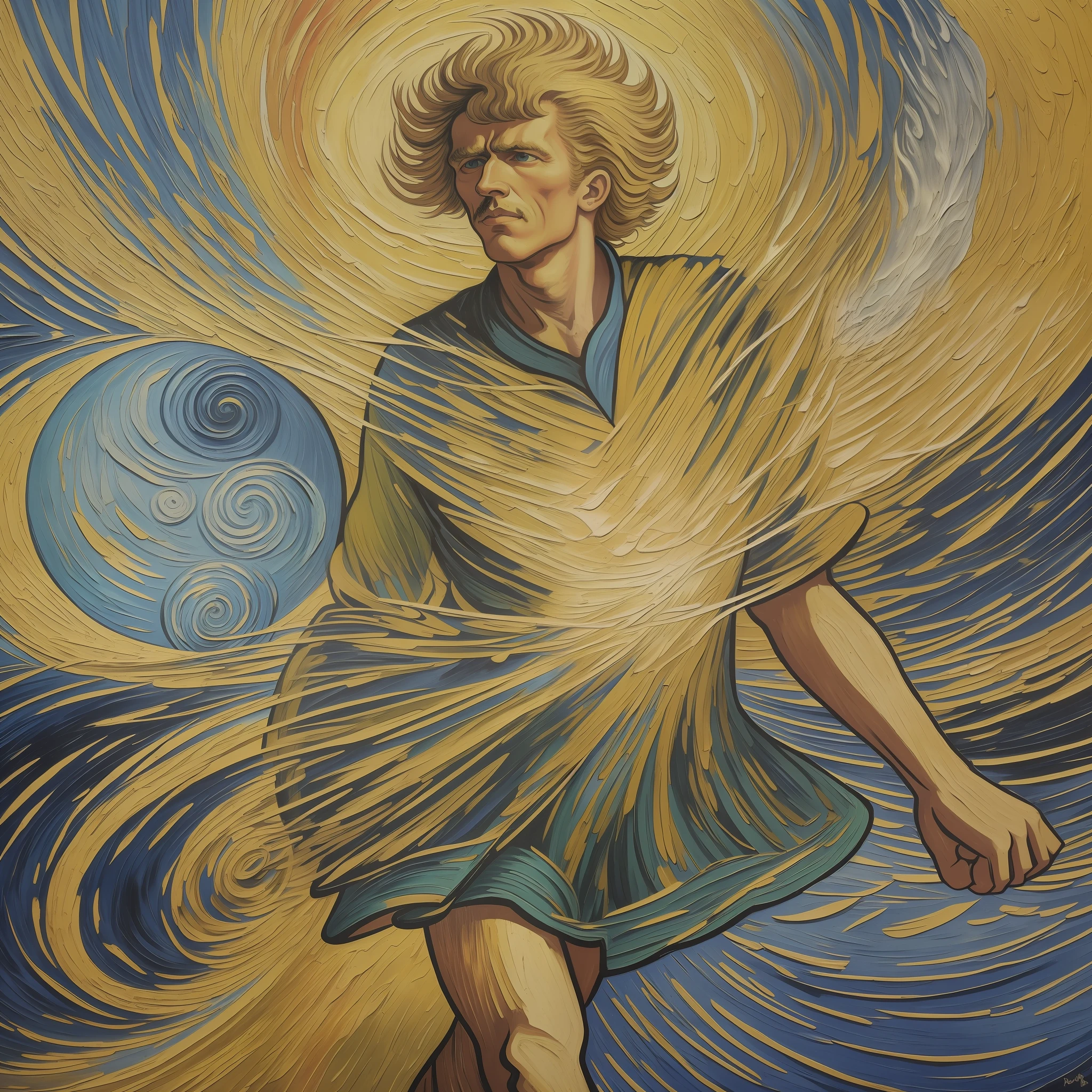Imagine a Van Gogh-style painting depicting the tarot card "The Fool," embodying the disruptive and unpredictable energy of the planet Uranus. The scene shows a celestial night setting, with a starry sky and intense colors that reflect the whirlwind of emotions and adventures that await those who follow the path of the "Fool".

In the center of the composition, we have the main figure of the "Fool". He is depicted as an energetic and exuberant figure, with vibrant clothes and an expression of pure euphoria on his face. His outstretched hands to the sky suggest a willingness to explore the unknown and go his own way, oblivious to social conventions and expectations.

The setting around the "Fool" is a mix of cosmic elements and terrestrial landscapes. The twinkling stars in the night sky represent the influence of the planet Uranus and symbolize the freedom, individuality and divine inspiration that the "Fool" seeks. The tumultuous clouds and moving brushstrokes capture the wandering energy and unpredictable nature of the archetype.

In the landscape below, we see majestic mountains and a winding river, which symbolize the emotional and spiritual journey that the "Fool" is about to embark on. Van Gogh's vibrant colors and characteristic traits bring life to the exuberant nature and express the energy of transformation and awakening.

In the corner of the painting, we can include some symbolic elements related to the planet Uranus, such as a lightning bolt or a spiral, representing electricity and cosmic energy. These elements add a touch of mystery and intensity to the composition, underscoring the eccentric and unpredictable nature of the "Fool's" journey.

The color palette is an explosion of intense and contrasting tones, such as bright yellows, deep blues, and fiery reds, which merge into bold and striking brushstrokes. The dense, textured texture of the painting evokes Van Gogh's signature style, conveying a sense of movement and emotion.