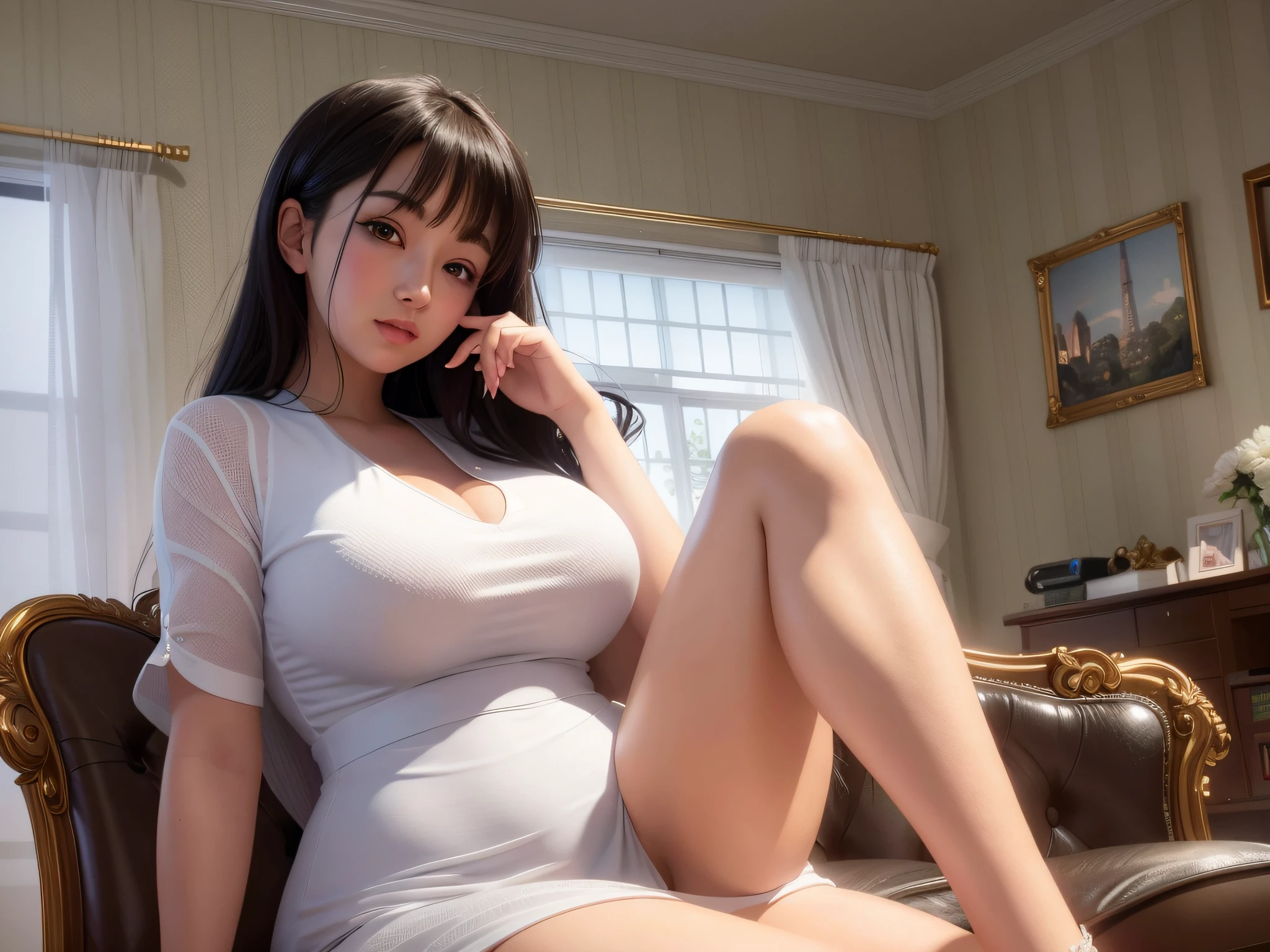 A busty woman sitting on sofa wearing a white dress, smooth anime CG art, seductive anime girl, realistic anime 3 D style, 3d anime realistic, realistic anime, realistic perfect body, surreal schoolgirl, attractive anime girl, super realistic pictures, realistic anime girl rendering, surreal schoolgirl, surreal full body figure, Japanese goddess