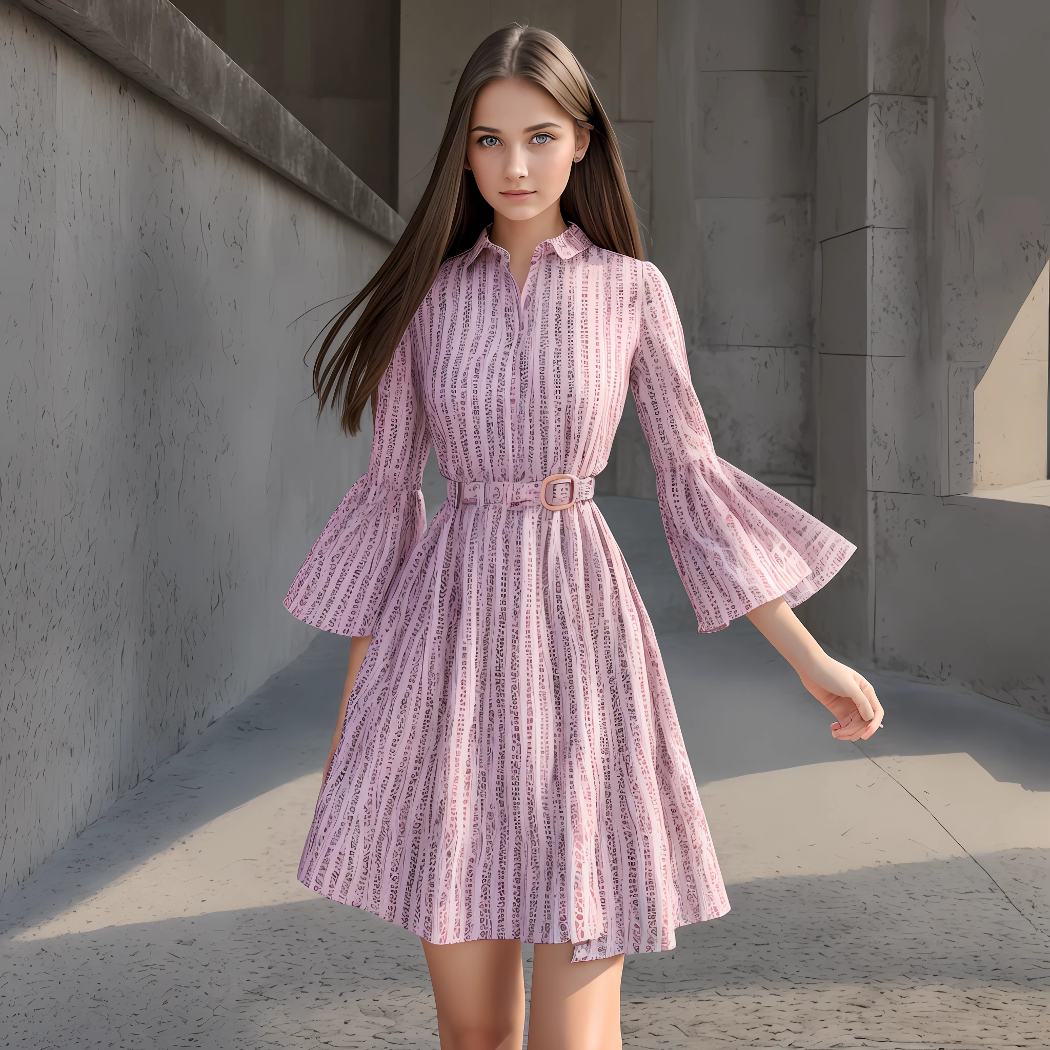 woman portrait photo. wearing a patterned dress, detailed skin texture, sharp jaw, fine lines, detailed eyes. Female, 17 years old, blue eyes, long straight brown hair, pink lips, seductive, full body, standing, plain background, high quality, high details, anatomically correct, 1080p --auto --s2