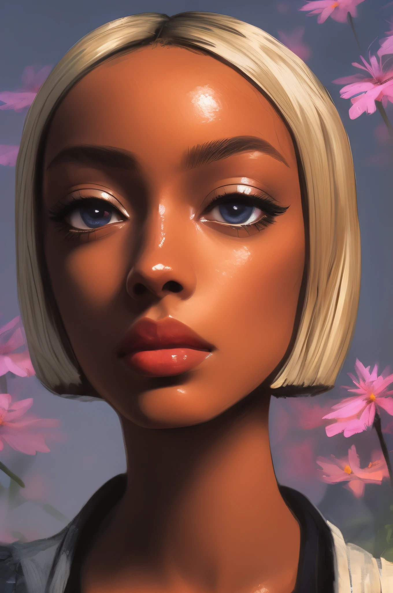 cmodel, digital illustration, (masterpiece:1.2), high quality, detailed eyes, extremely beautiful young African American female, short hair, streetwear, skinny, (abs:1.2), (bloom:1.2)