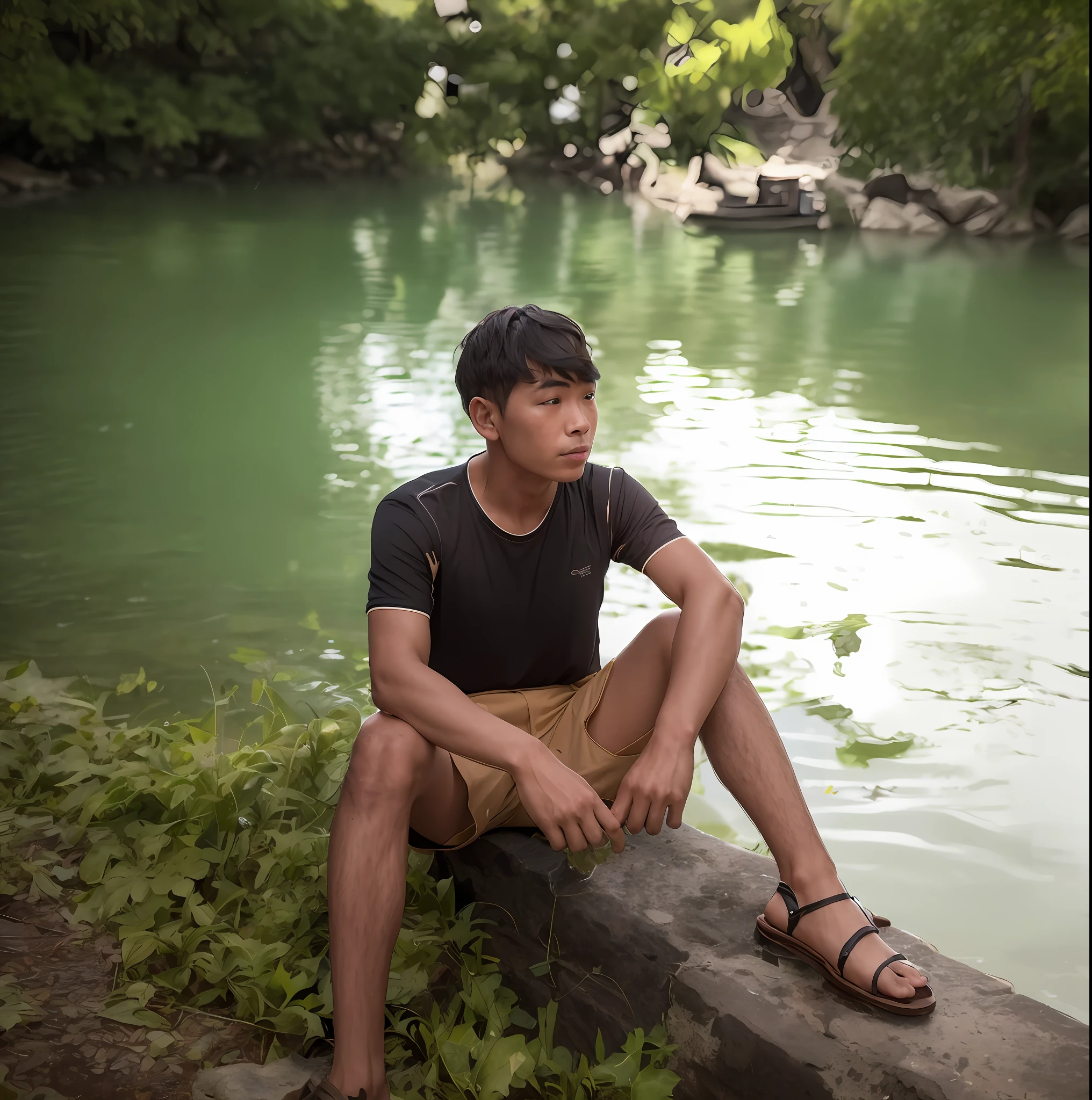 there is a man sitting on a stone ledge by the water, sitting near a river, thawan duchanee, near a lake, nivanh chanthara, dang my linh, in a lake, in a park and next to a lake, sitting at a pond, lake in the background, ayan nag, in lake, near a river