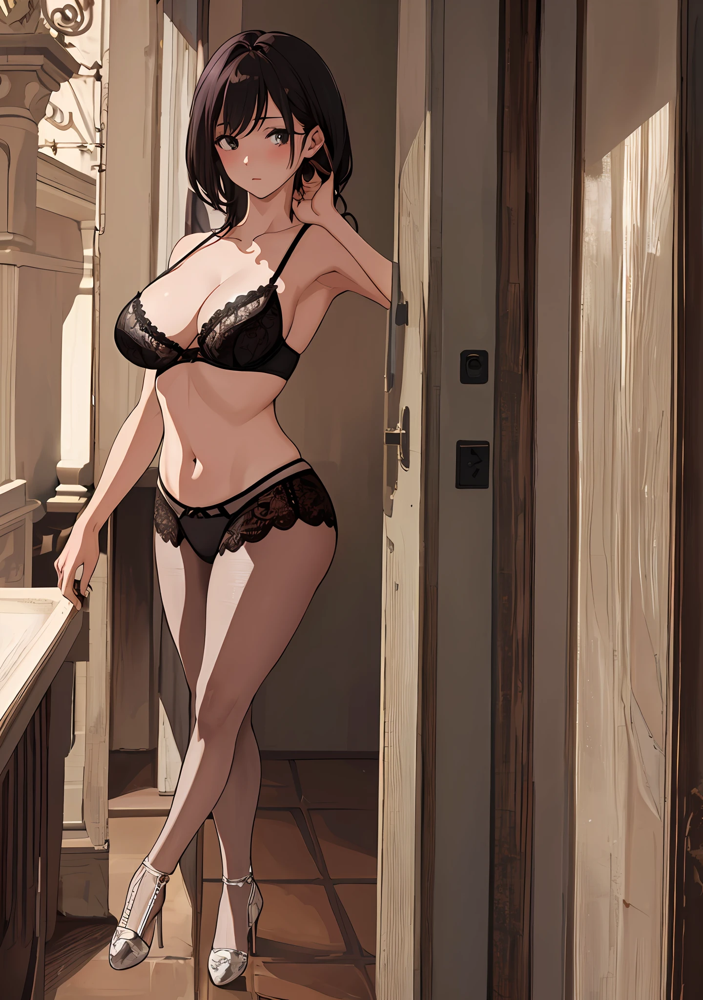 "(A true masterpiece with the best quality), featuring one girl in nsfw lingerie, looking shy but also showing off her beauty. She has a flat chest and a captivating cleavage, with panties that are slightly see-through and revealing. The hint of a nip adds an extra layer of sensuality to this stunning image."