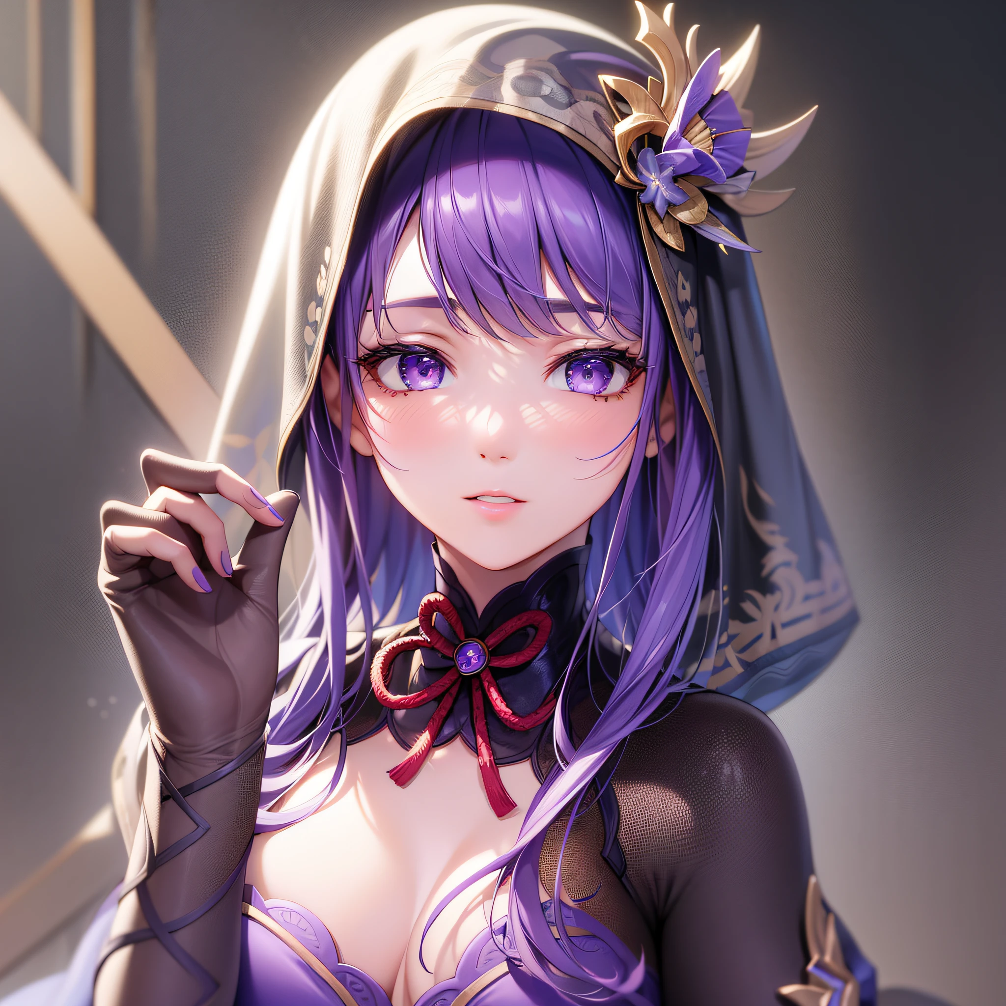 .masterpiece:1.2, best quality), realistic, (real picture, intricate details, depth of field), (1girl, solo), make up, parted lips, highly-detailed, perfect face, (skindentation), glossy coral lips, (A girl wearing full hijab, Islamic clothes), blushing, Raiden baal (Raiden shougn) from genshin impact,high-detailed hands,