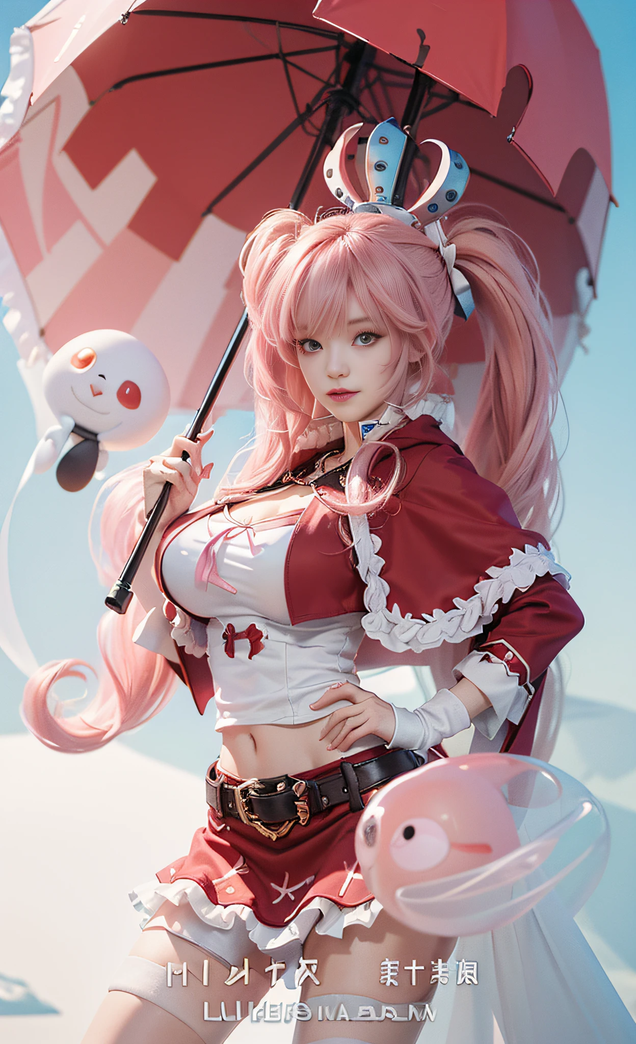 ((Best Quality, 8k, Masterpiece :1.3)), Full Body, Long Legs, Sharp Focus :1.2, A Beautiful Woman with Perfect Body :1.4, Slim Abs :1.1, ((Pink Hair, Huge Breasts :1.2)), (Red Coat, Red Short Skirt, White T-Shirt), Highly Detailed Face and Skin Texture, Brown Eyes, Beautiful Detailed Eyes, Double Eyelids, Smile, Clear Sky, Professional Lighting, Photon Mapping, Teleportion, Physical Based Rendering, ( Pale skin: 1.2), looking at the audience, brightening skin, shooting in the light, red umbrella, transparent ghost