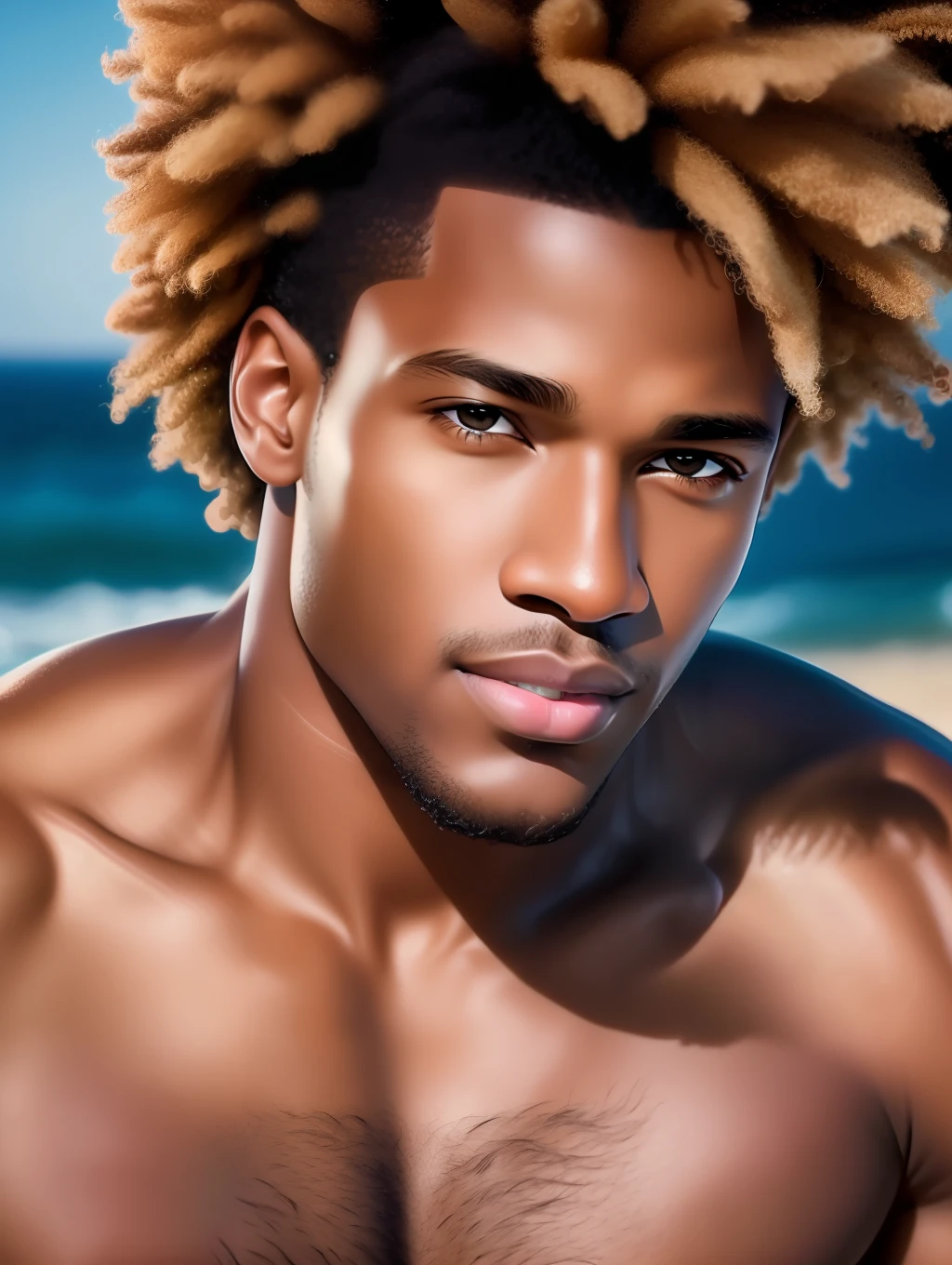 Cinematic soft lighting illuminates a stunningly detailed and ultra-realistic handsome Afro-American male supermodel, beach look, ultra short messy light brown hair, clear honey eyes, captivating perfect smile, sensual, hot man, insanely handsome, that is trending on ArtStation. Octane is the perfect tool to capture the softest details of this 16k photography masterpiece.