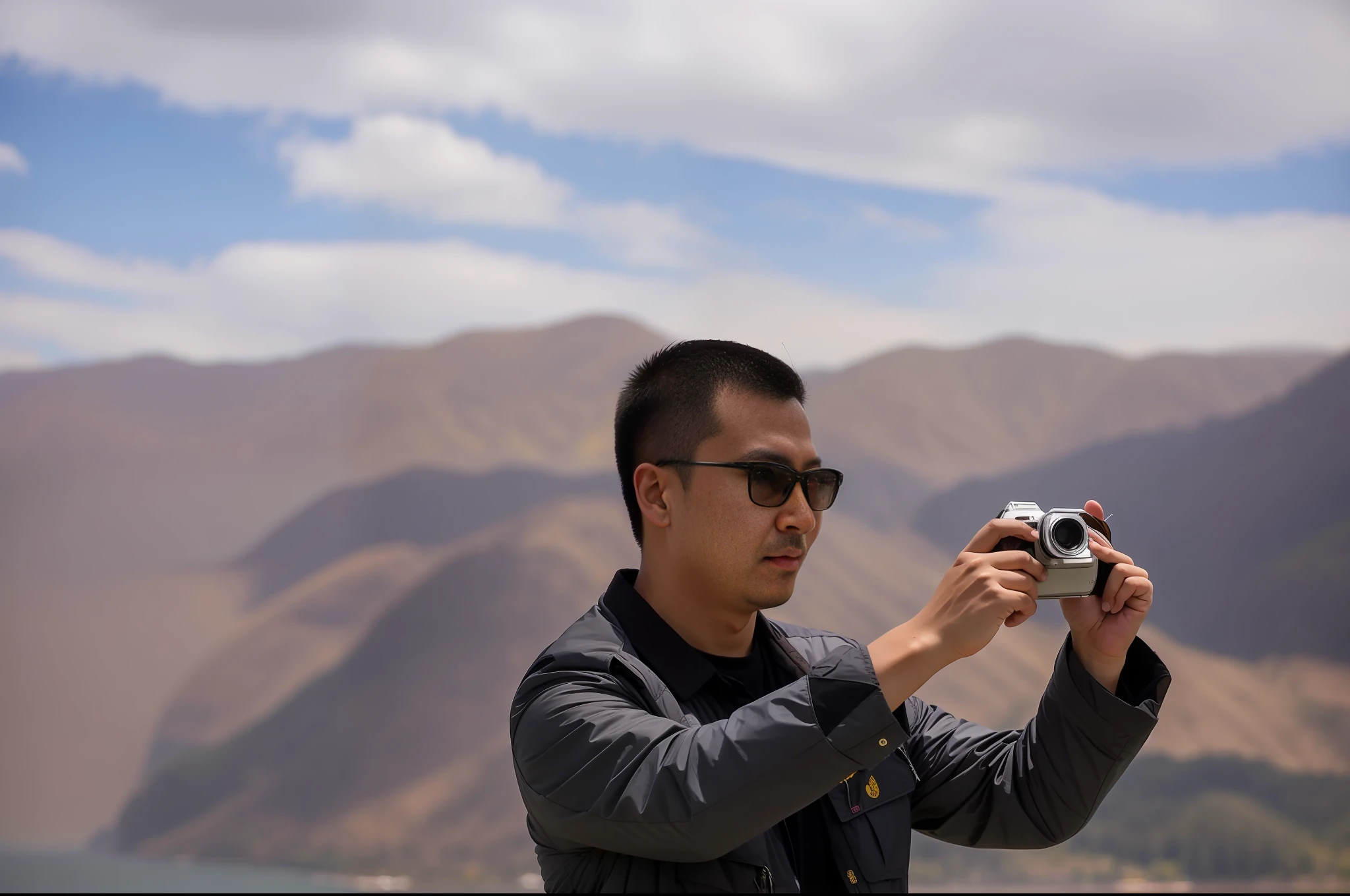 arafed man taking a picture of a lake with a camera, chinese artist, taking a picture, inspired by Ding Yunpeng, inspired by Zhang Zongcang, selfie, with sunglass, with mountains in the background, ruan jian, zezhou chen, photo taken with sony a7r camera, inspired by Li Tiefu, xiaoguang sun