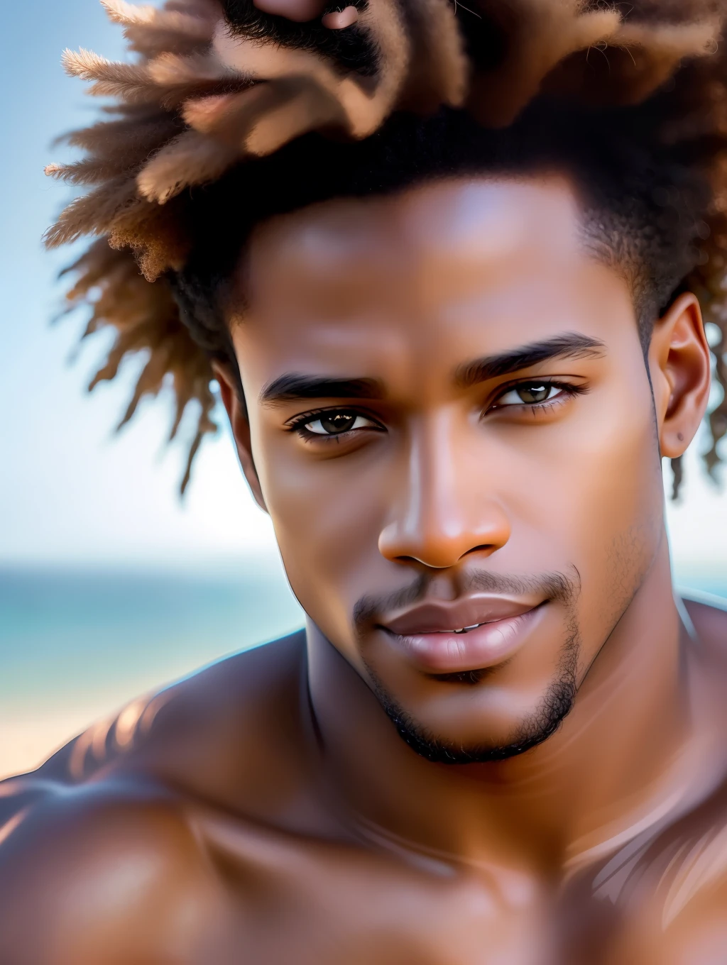 Cinematic soft lighting illuminates a stunningly detailed and ultra-realistic handsome Afro-American male supermodel, beach look, ultra short messy light brown hair, clear honey eyes, captivating perfect smile, sensual, hot man, insanely handsome, that is trending on ArtStation. Octane is the perfect tool to capture the softest details of this 16k photography masterpiece.