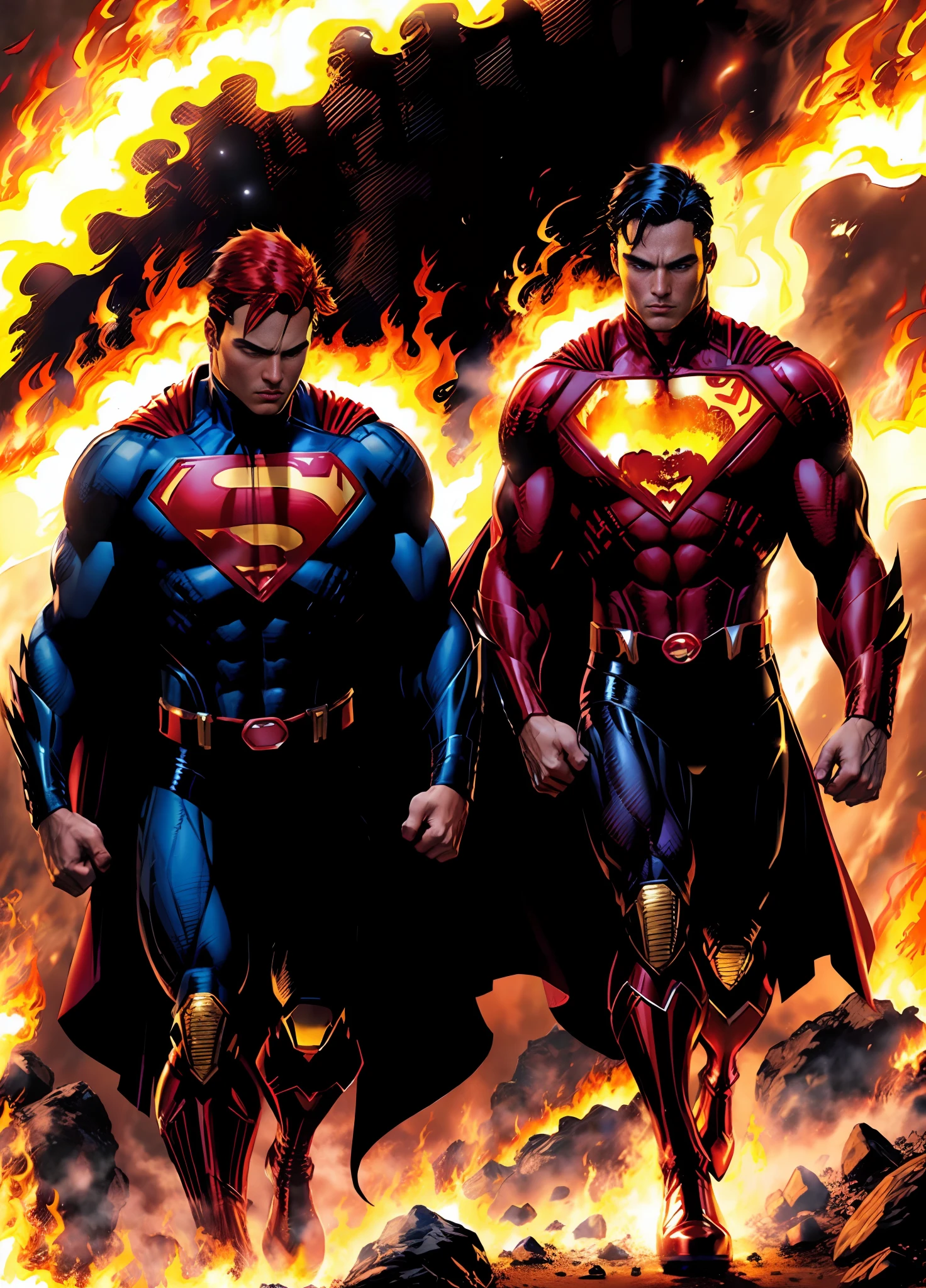 (Superman+marvel comics personagem), (fire hair:1.3), black leather jacket with Superman logo on chest, (fire+walking out of flames:1.2), dynamic pose.