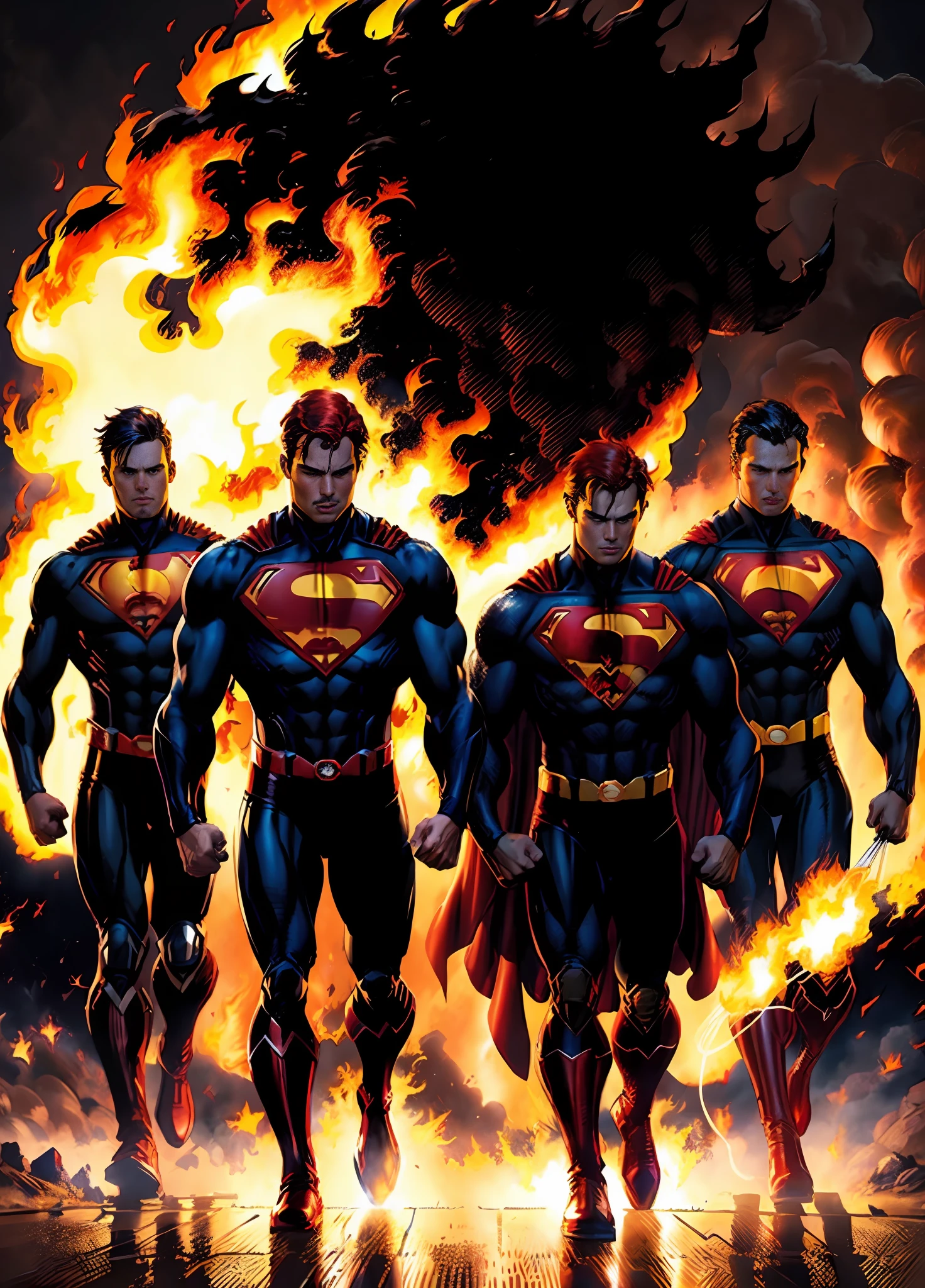 (Superman+marvel comics personagem), (fire hair:1.3), black leather jacket with Superman logo on chest, (fire+walking out of flames:1.2), dynamic pose.