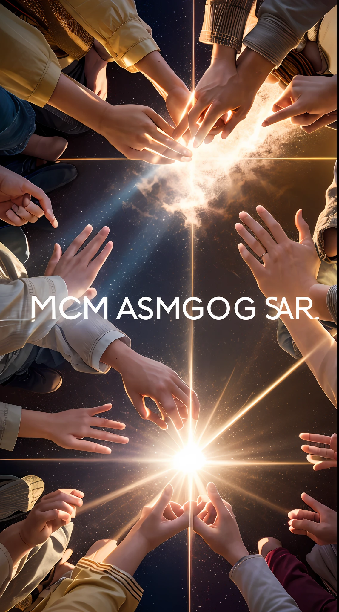 A scene of hands reaching upward, with bright rays of light and words like "grace" and "mercy" floating around.