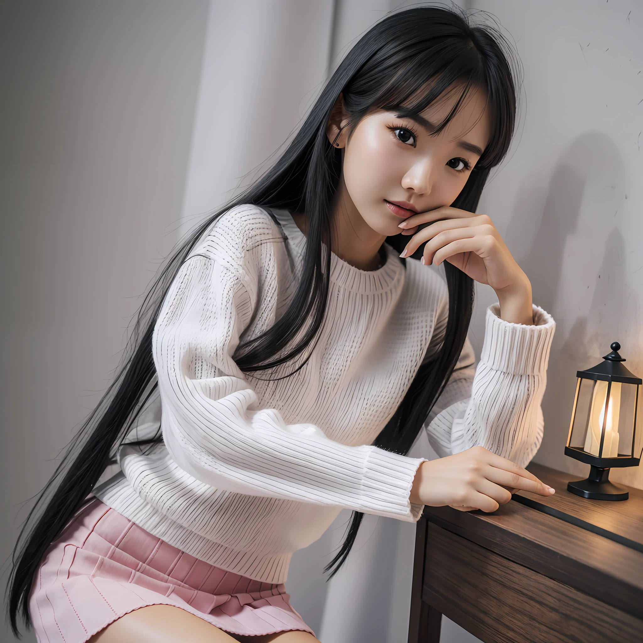 8K, picture quality, high quality, realistic, high-quality outfits, detailed and delicate skin, perfect finger modeling, light makeup, indoors, knitted, long sleeves, pink, white, denim mini skirt, skinny, black hair, semi-long hair, thin legs, whitening skin, negative prompts: funny fingers --auto --s2