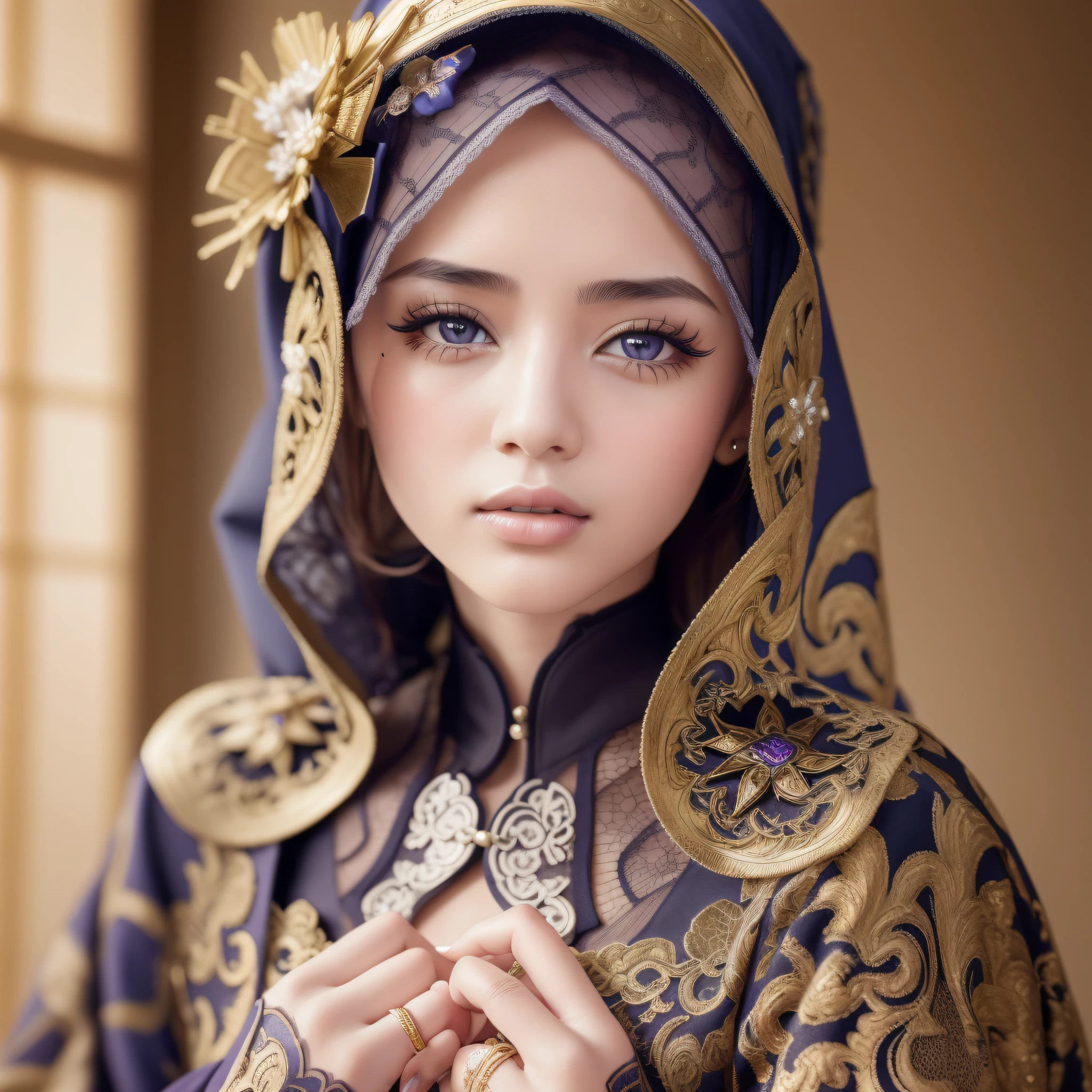 .masterpiece:1.2, best quality), realistic, (real picture, intricate details, depth of field), (1girl, solo), make up, parted lips, highly-detailed, perfect face, (skindentation), glossy coral lips, (A girl wearing full hijab, Islamic clothes), blushing, Raiden baal (Raiden shougn) from genshin impact,high-detailed hands,