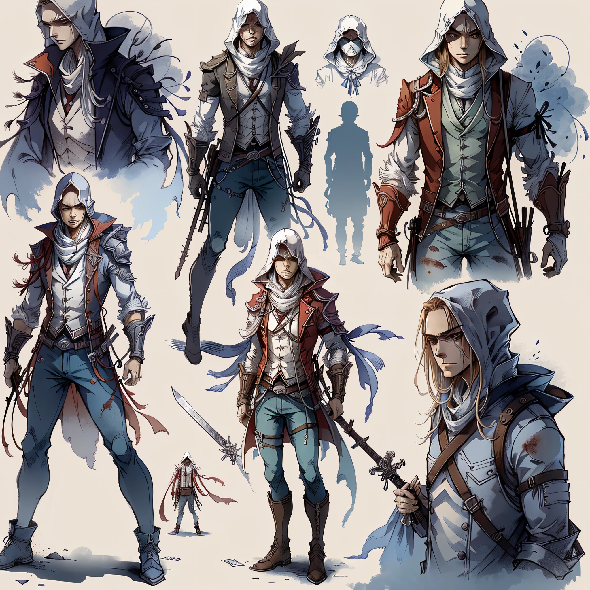 character innocent man, full body, SKINNY, short hair, (FACE OF GOOD GUY) ((design sketches)), (masterpiece), extremely detailed, (original parkour design), (random poses), (unique accessories), (current basic clothing), (clean face without beard) professionally retouched, white background, (male: 1.1) martial arts, (jeans: 0.8), katana sword, (dirty: 1.1), (movement: 0.8), (young: 1.3), (sprint: 0.6) (survivor) (The Walking Dead concept) ( Assassins Creed concept) --auto --s2