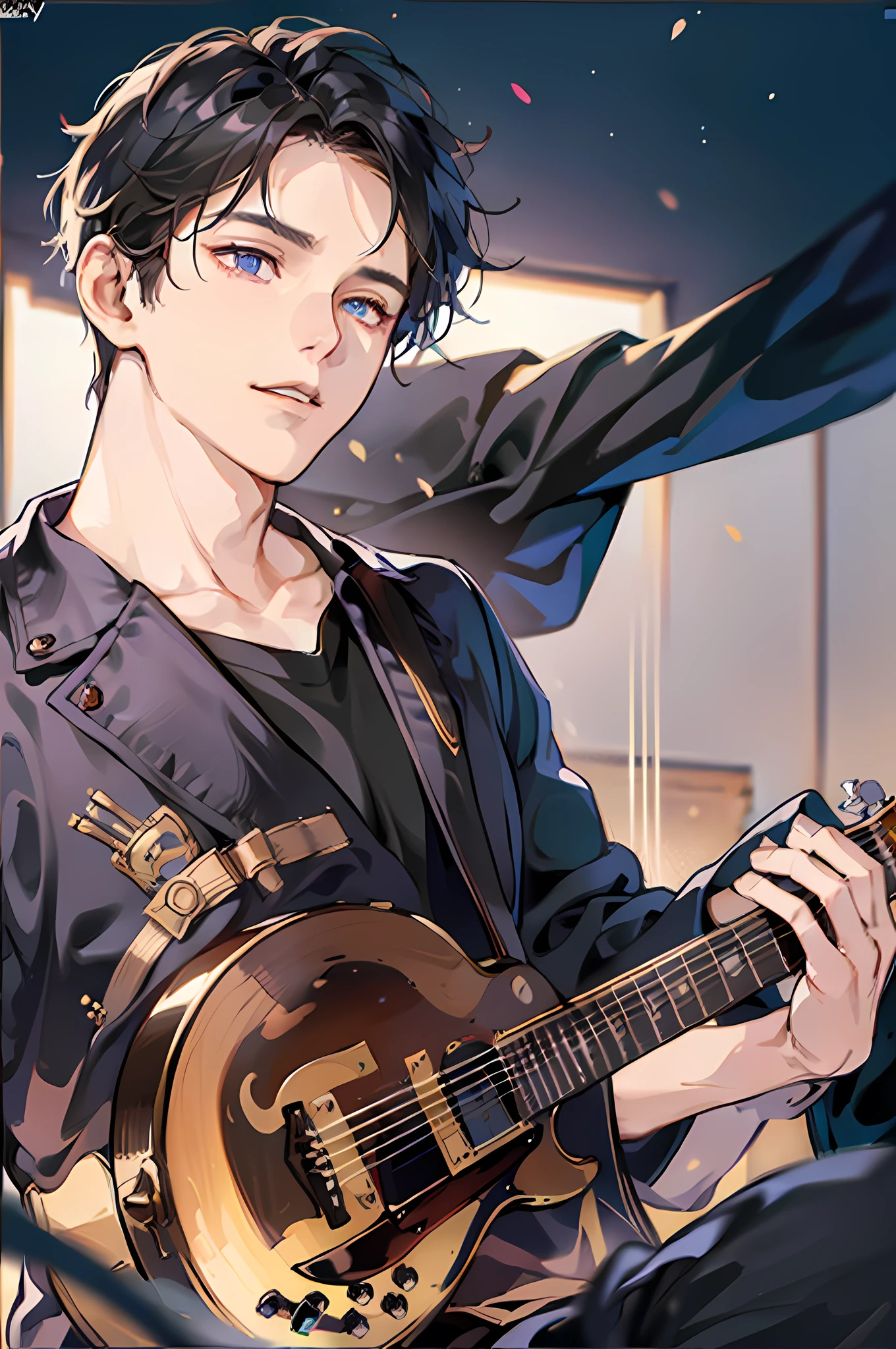 The bust of a handsome guy is a musician in the studio, wearing a black T-shirt with the logo of the music company to which he belongs, holding a microphone, slightly closing his eyes, and singing intently. His face is clearly contoured, his facial features are delicate, and his big eyes are deep and bright, which makes him look very charming.
The dim lighting in the recording room combined with his high-pitched singing voice made the whole atmosphere very warm. Behind him is a huge mirror that reflects his figure as if to reflect his singing and music. There are also some professional audio equipment in the recording room, like a delicate handicraft, with his singing, the entire music space appears more mysterious and charming.
The whole picture has a charm, showing the courage and ability of contemporary musicians, and also presents a scene full of musical charm