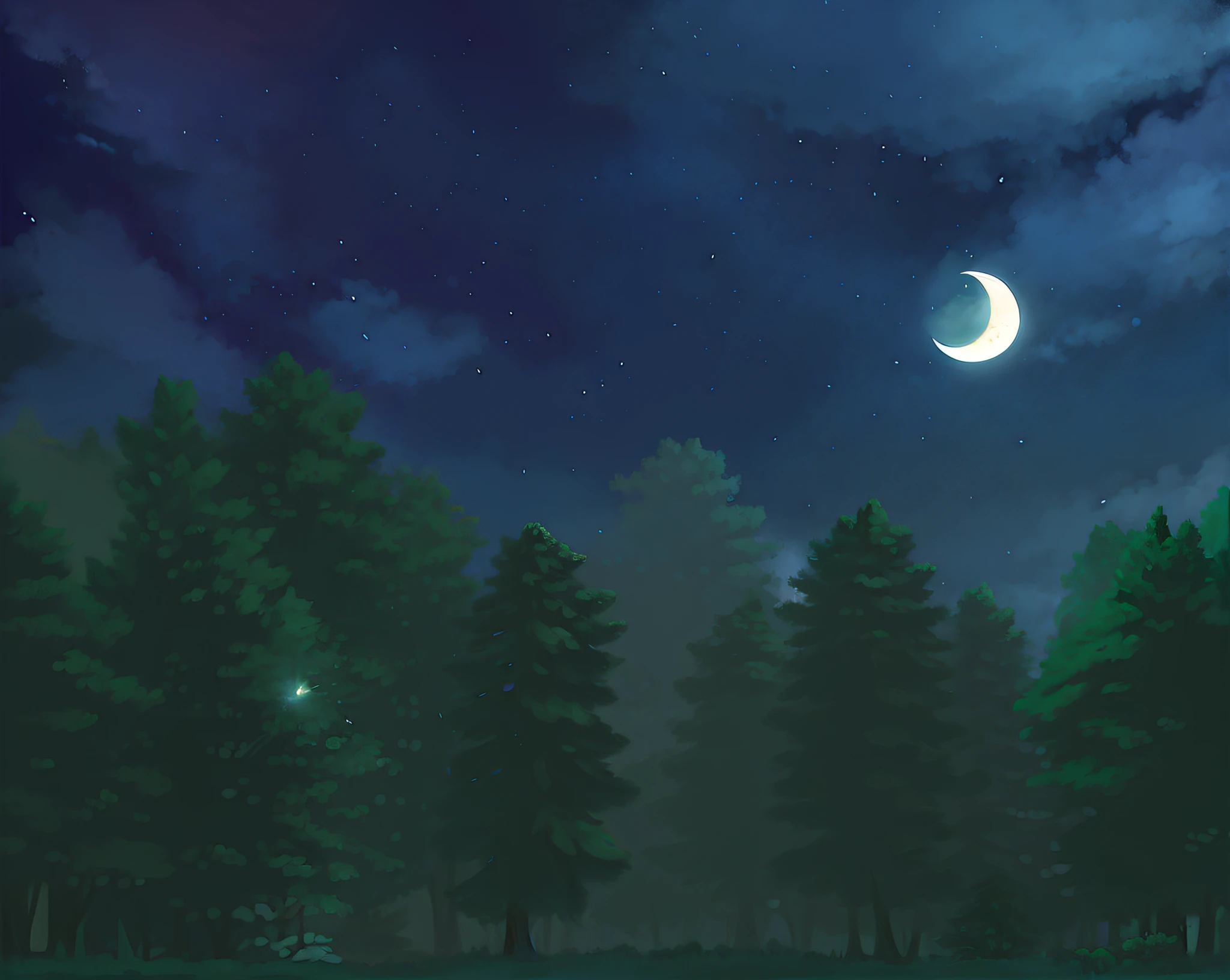 Night crescent and full moon trees, forest night, night moonlight, night scene, anime background art