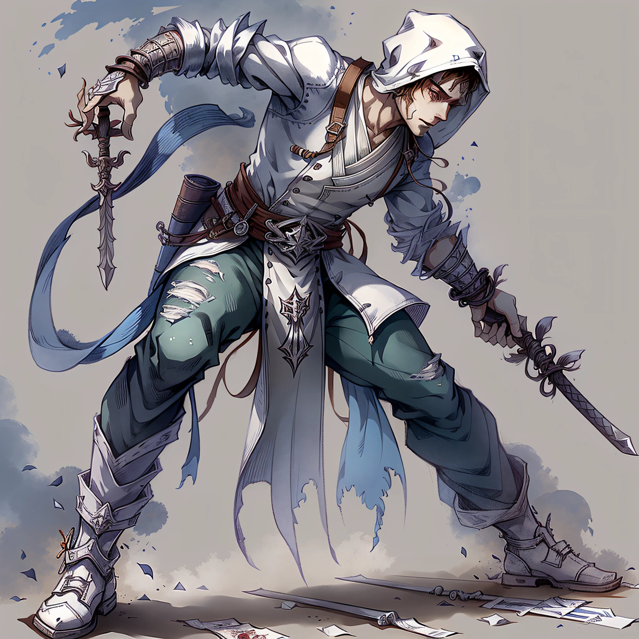 character innocent man, full body, SKINNY, short hair, (FACE OF GOOD GUY) ((design sketches)), (masterpiece), extremely detailed, (original parkour design), (random poses), (unique accessories), (current basic clothing), (clean face without beard) professionally retouched, white background, (male: 1.1) martial arts, (jeans: 0.8), katana sword, (dirty: 1.1), (movement: 0.8), (young: 1.3), (sprint: 0.6) (survivor) (The Walking Dead concept) ( Assassins Creed concept) --auto --s2