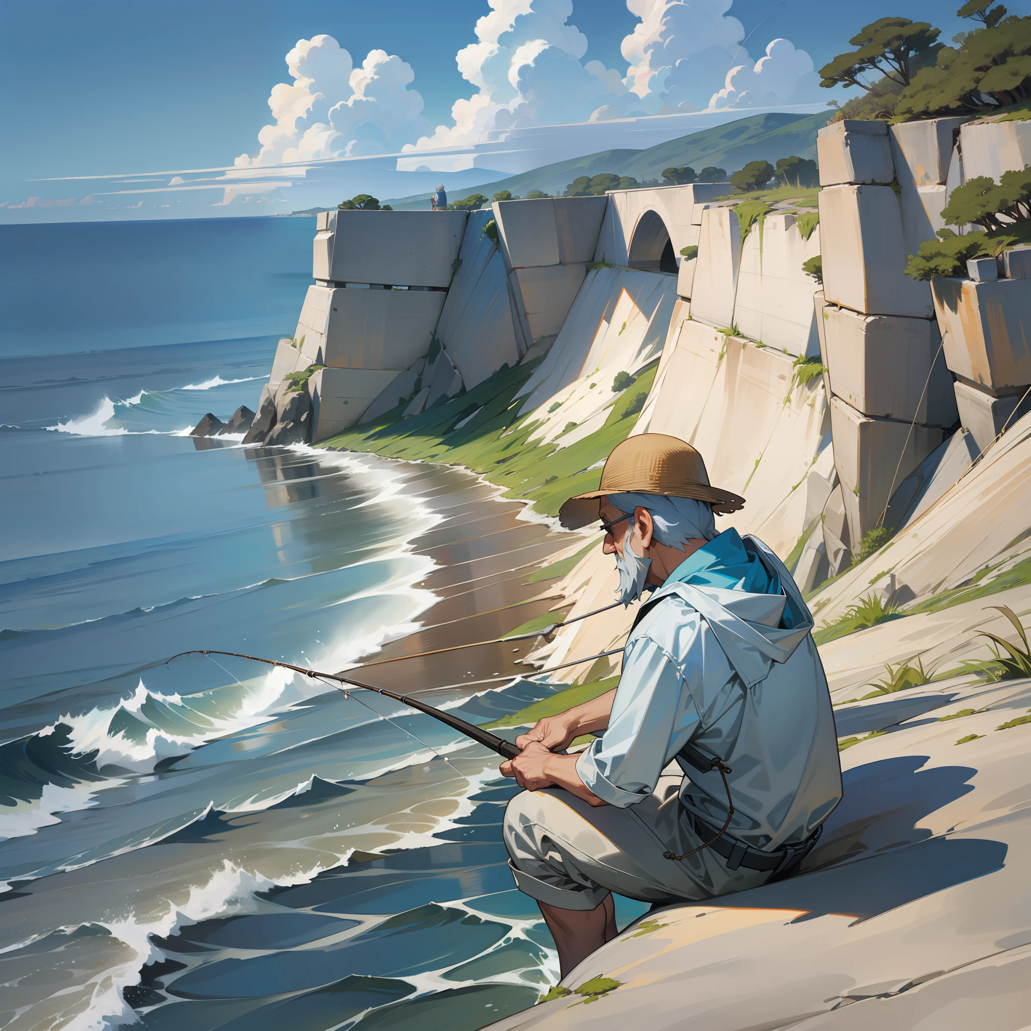 Old man, seaside, fishing, fishing, sea horizon, rock