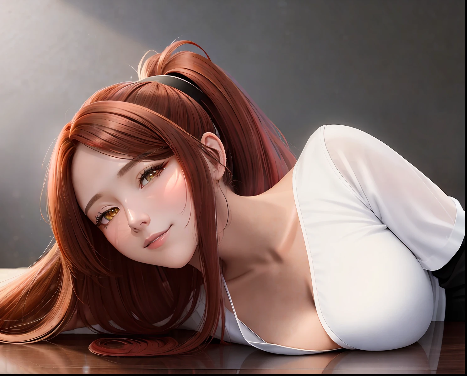 ((masterpiece)), ((best quality)), (ultra-detailed),(masterpiece:1.2, best quality), (real picture, intricate details), raytracing, detailed face, extremely detailed CG unity 8k wallpaper), (colorful),(finely detailed beautiful eyes and detailed face),cinematic lighting, (masterpiece:1.2), best quality, masterpiece, highres, original, extremely detailed wallpaper, (ultra-detailed), (best illustration), (best shadow), (realism:1.4), 1girl(red long hair,ponytail,slanted eyes), glossy hair, golden eyes, bangs, large breasts, white shirt, pencil skit, stare, evil smile, looking at viewer, (interview:1.3), dark office background, dark, sharp face,