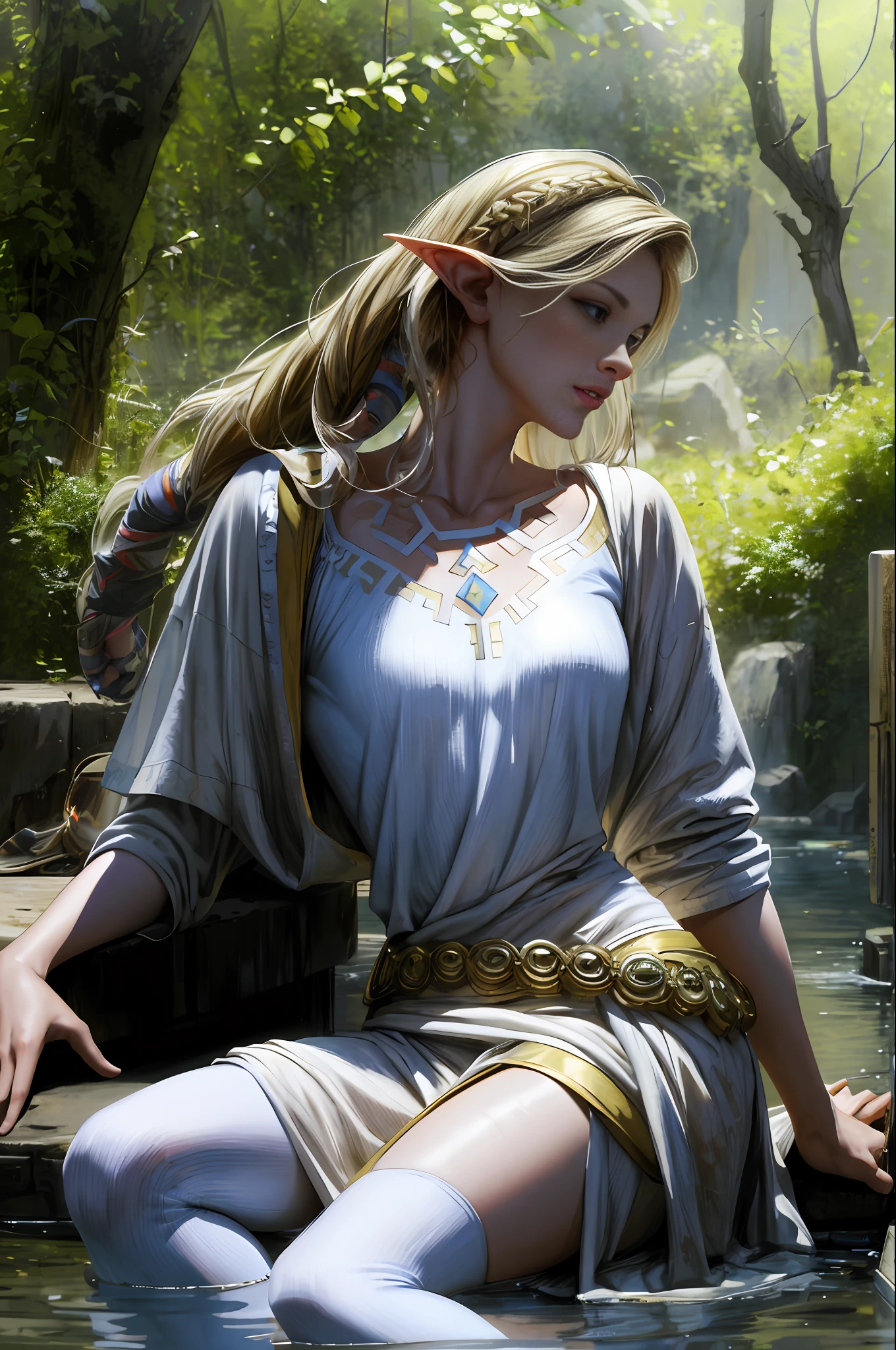 masterpiece, realistic, realism, photorealism, high contrast, in full light, photorealistic digital art trending on Artstation 8k HD high definition detailed realistic, 1girl, (solo:1.5), young beautiful woman, petite, very small perky breasts, ((blue eyes)), blonde knee long hair, long tight white dress, white knee high socks, (no head gear:1.5), ((princess zelda)), parted lips, art by artgerm and ruan jia and greg rutkowski surreal painting, detailed, skin texture, hyper-detailed, realistic skin texture, side view, garden, lying in a hot spring, forest, clear water, head down, flustered, drenched