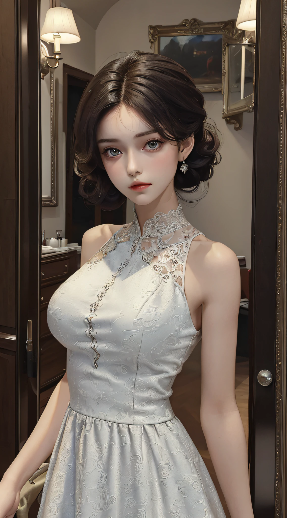 ((Best Quality, 8K, Masterpiece: 1.3)), 1girl, Slim Abs Beauty: 1.3, (Hairstyle Casual, Big Breasts: 1.2), Dress: 1.1, Super Fine Face, Delicate Eyes, Double Eyelids, Home