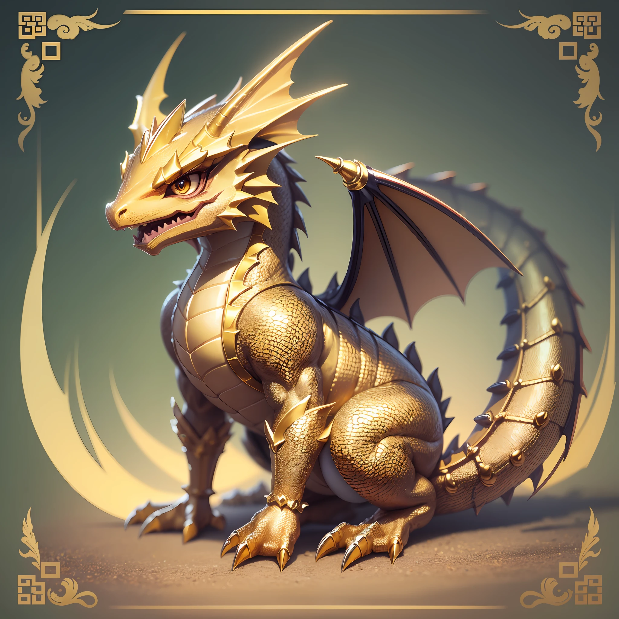 Q version, golden dragon, golden scales, western dragon, cute, cartoon creature, cute little dragon, as anthropomorphic dragon, mythical creature, cartoon character, dragon, mascot illustration, cute pokemon style, street --auto --s2