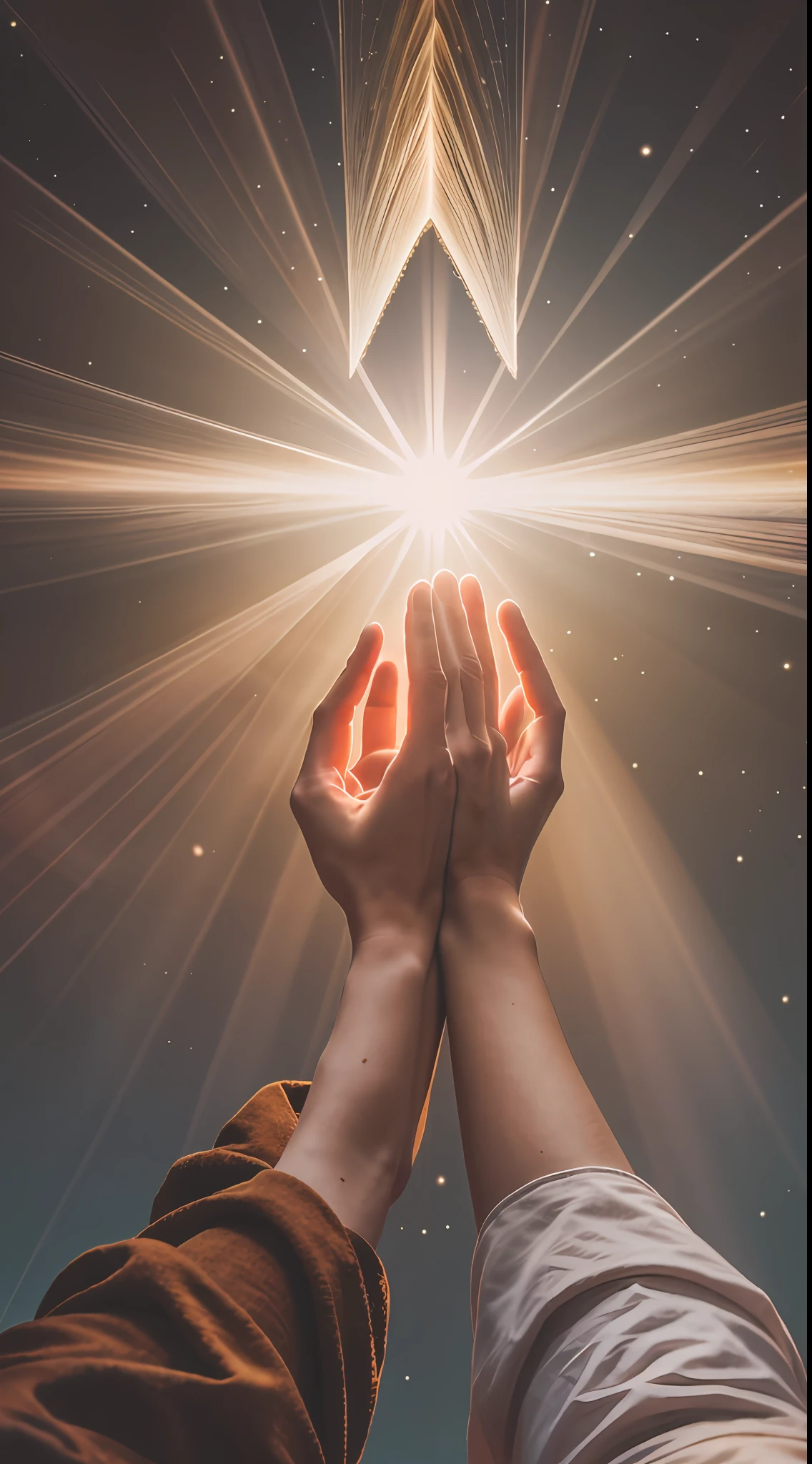 A scene of hands reaching upward, with bright rays of light and words like "grace" and "mercy" floating around.