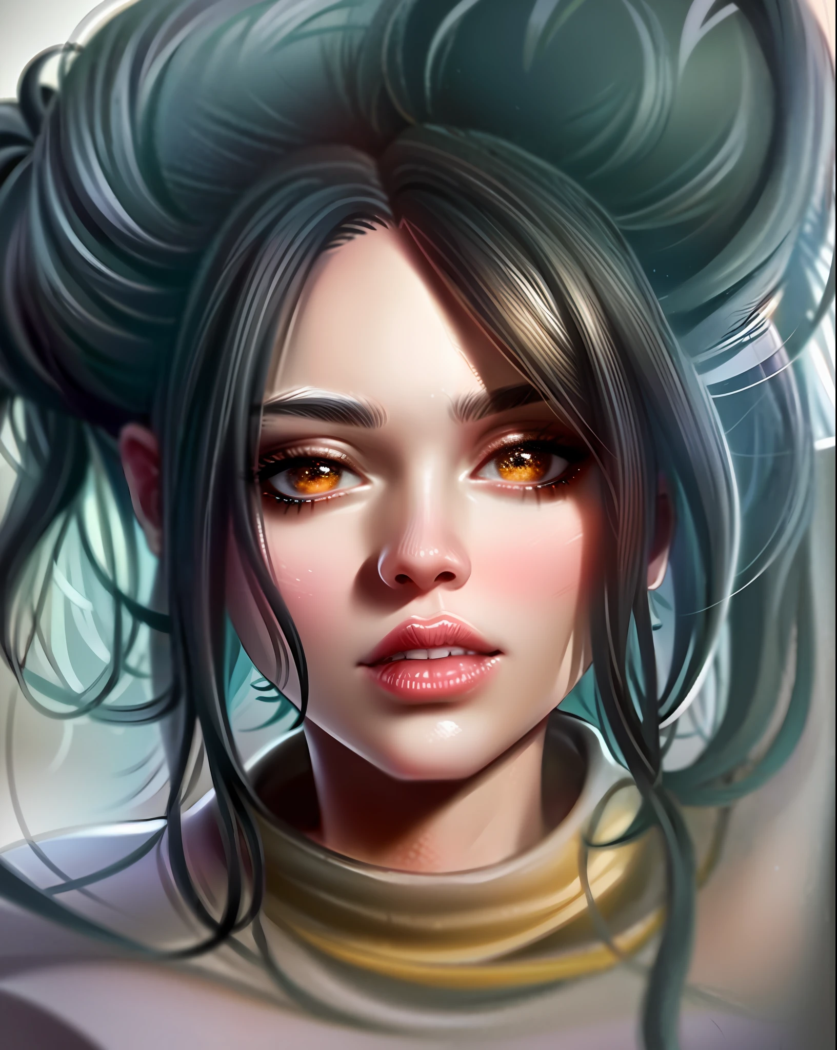 A woman with a lot of hair in her hair, epic pencil illustration, artgerm portrait, realistic anime art style, trend in artstration, detailed colorful anime, anime art style, detailed pencil sketch, artgerm trend, pencil drawing illustration, art sketch, lush girl design, featured in artgerm, dramatic light, high quality, high definition, 16k, uhd, severe low lighting, high quality, sharp focus, fujifilm XT3, Fine composition, super detailed, best quality.