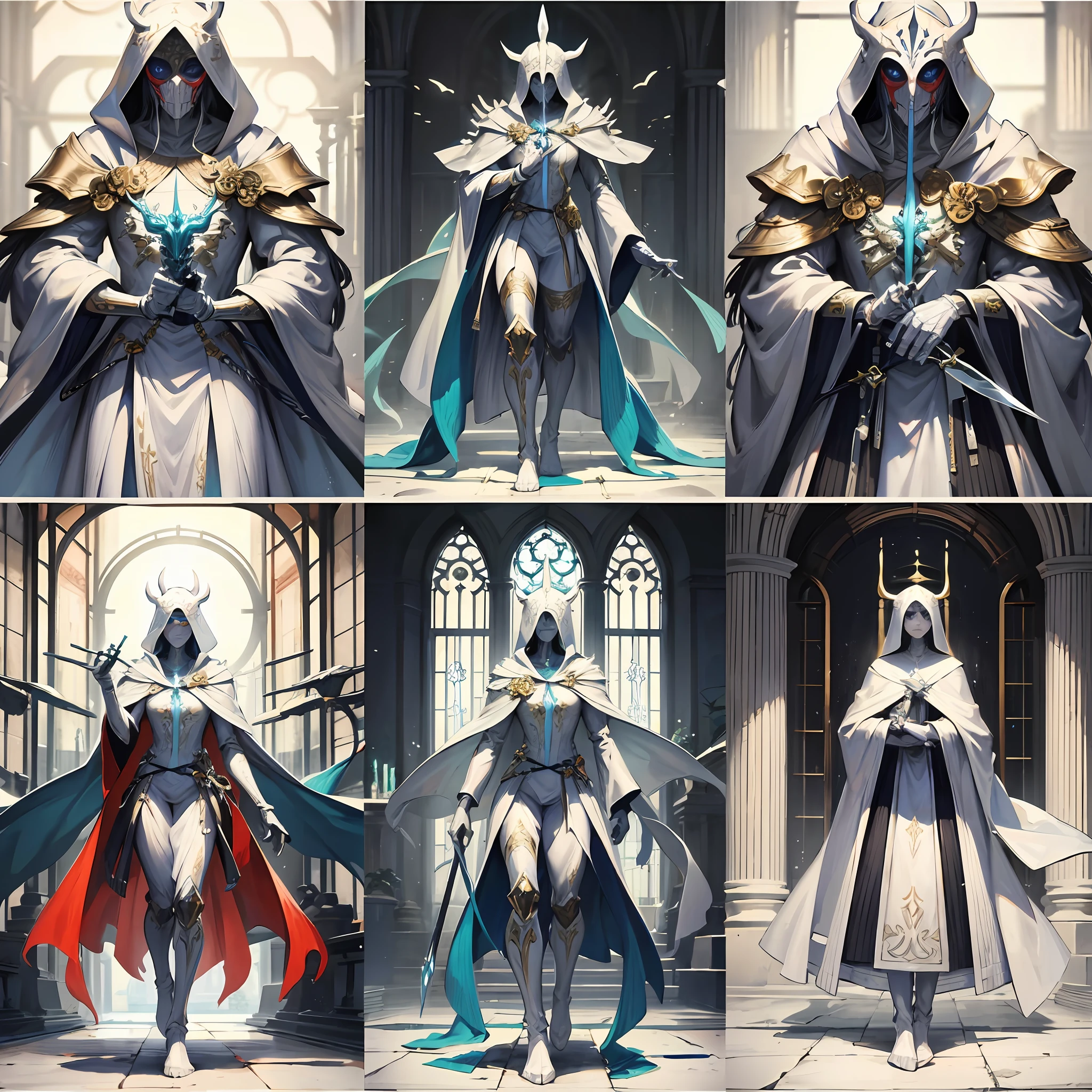 Four glass doors also walked out at the same time a humanoid creature wearing a mask and a white robe, holding a steel knife in each of its four arms, and each monster's mask had a different expression. --auto --s2