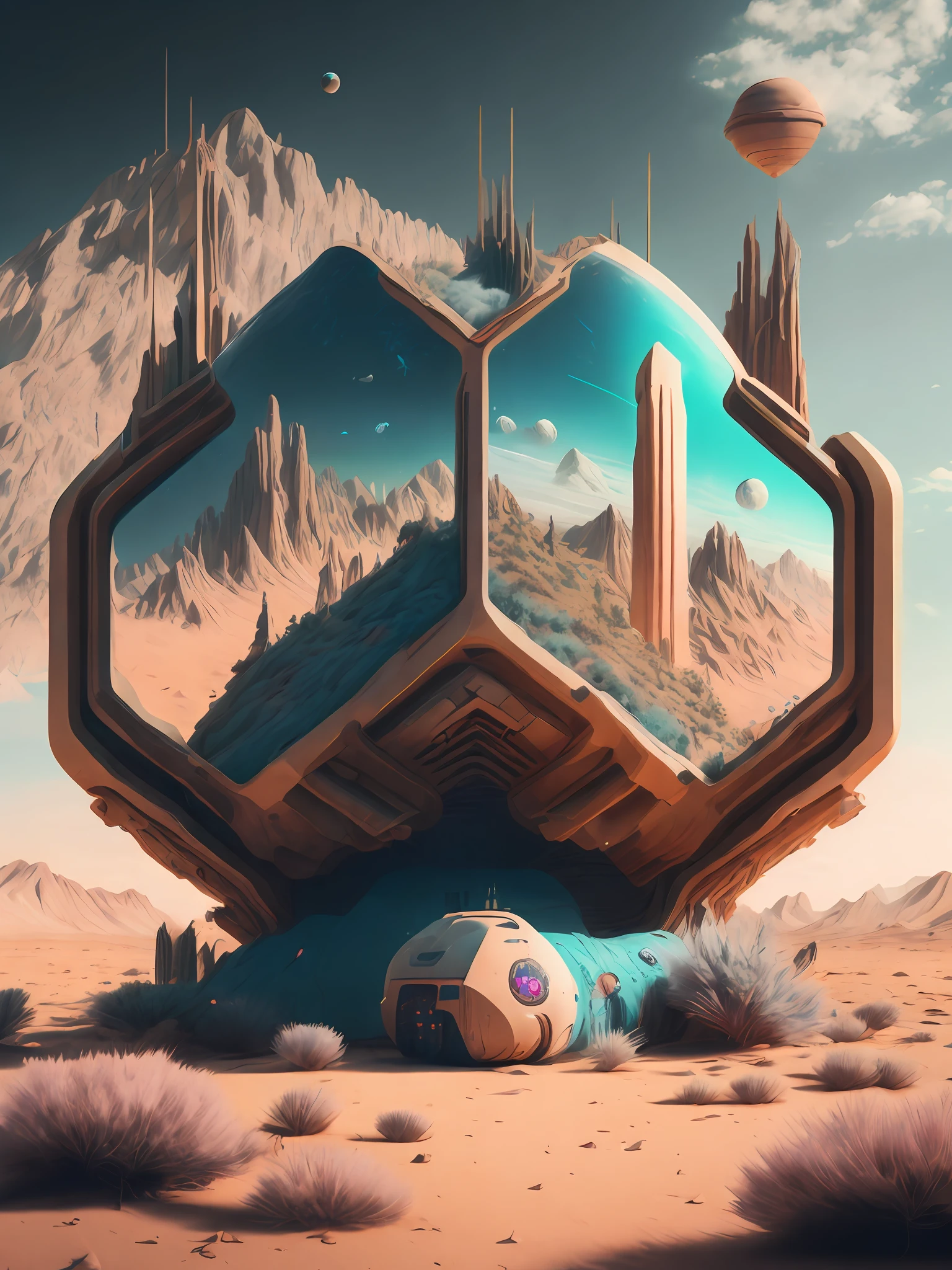 a strange-looking object in the desert with mountains in the background and a sky background by Beeple Mike Winkelmann solarpunk African