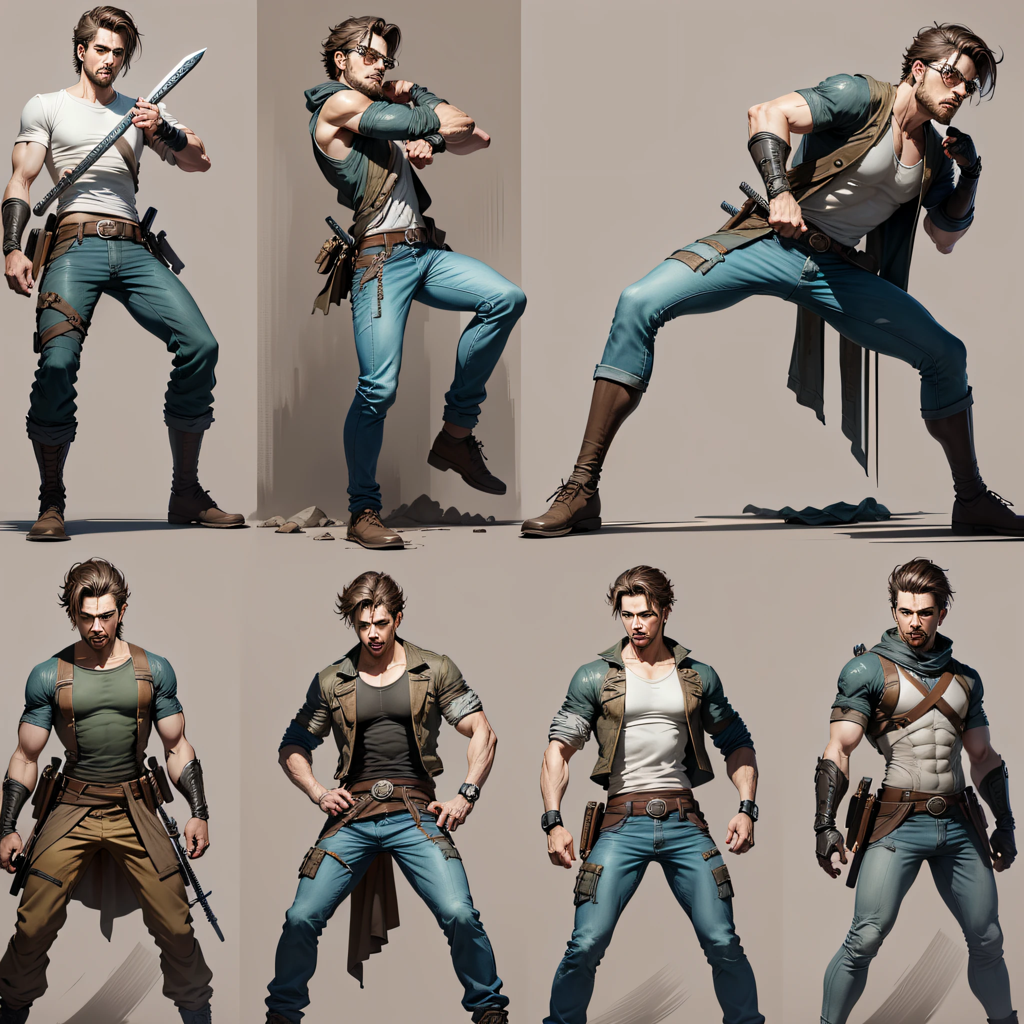 innocent man character, full body, SKINNY, short hair, (NICE GUY'S FACE) ((design sketches)), (masterpiece), extremely detailed, (original parkour design), (random poses), (unique accessories), (current basic clothing), (clean face without beard) professionally retouched, white background, (male: 1.1) martial arts, parkour (jeans: 0.8), katana sword, (dirty: 1.1), (movement: 0.8), (young: 1.3), (sprint: 0.6) (survivor) ( princely concept of persia) ( solid concept  snake) --auto --s2