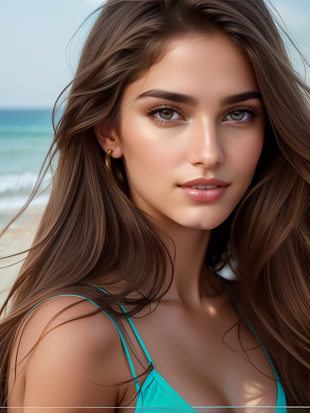 Cinematic soft lighting illuminates a stunningly detailed and ultra-realistic beautiful Middle-Eastern supermodel, beach look, long messy windy brown hair, clear honey eyes, captivating perfect smile, sensual, hot woman, gorgeous, that is trending on ArtStation. Octane is the perfect tool to capture the softest details of this 16k photography masterpiece.