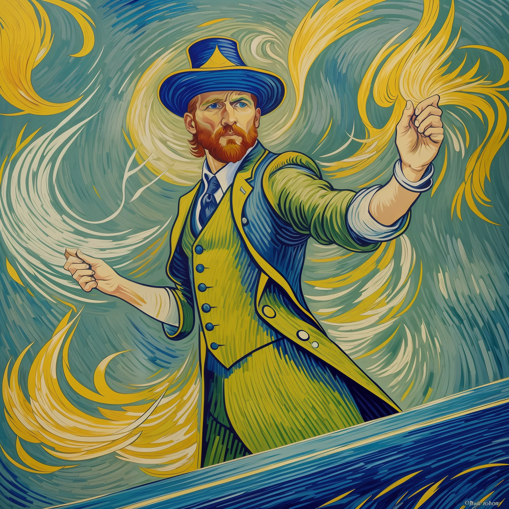 Imagine a Van Gogh-style painting depicting the tarot card "The Magician," embodying the communicative and versatile energy of the planet Mercury. The scene takes place in a vibrant and dynamic environment, where the "Magician" demonstrates his skills in an expressive and captivating way.

In the center of the composition, we have the figure of the "Magician" highlighted, in a dynamic and full of movement pose. He is depicted in colorful and extravagant costumes, which reflect the versatility and adaptability of the planet Mercury. His expression is energetic and charismatic, conveying confidence and skill.

The setting around the "Magician" is a bustling urban environment, with colorful buildings and people interacting. Intense and vibrant colors characterize Van Gogh's palette, bringing life and dynamism to the scene. The atmosphere is full of energy and activity, reflecting the agile nature and eager for knowledge of the "Magician".

On the table of the "Magician", we find the symbols of the four suits of the tarot: a cup, a sword, a pentagram and a staff. Each represents the elements of water, air, earth, and fire, respectively. These symbols are arranged in a balanced and harmonious way, showing the mastery and mastery of the "Magician" over these elements.

Around the "Magician", we can add elements that symbolize communication, such as feathers, ink and scrolls. These details represent the "Magician's" connection to the planet Mercury and his ability to convey messages and knowledge.

The urban landscape in the background is filled with people interacting, symbolizing the exchange of ideas, information and the constant flow of communication. Van Gogh's characteristic brushstrokes and strokes give a sense of movement and life, conveying the idea of constant evolution and transformation.

The color palette is marked by vibrant and contrasting tones such as reds, yellows, blues and greens. Van Gogh's intense tones and striking brushstrokes bring the scene to lif