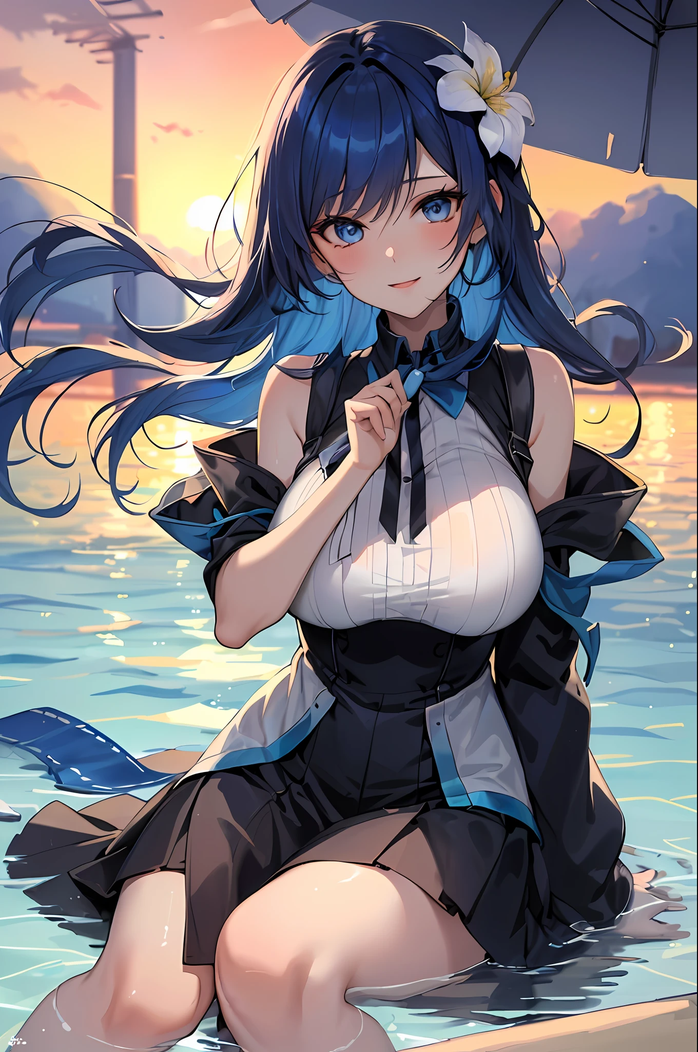 (masterpiece:1.3), (absurds:1.3), (best quality:1.3), (ultra-detailed:1.3),(best shadow:0.7), (hair handled), ((long hair), sharp eyeliner, shadow, detailed eyes:1.1), perfect anatomy, BREAK 1girl, solo, ((big breasts)), ((blue hair)), ((blue eyes)), Anime girl sitting on the beach with a flower in her hand, anime look of a cute girl, light novel cover art, detailed wet clothes, futuristic, dark blue hair, light skin, sitting on the sand, smiling with eyes open, waifu, a silver flower in hand, dark dress blue colors, beach, sunset