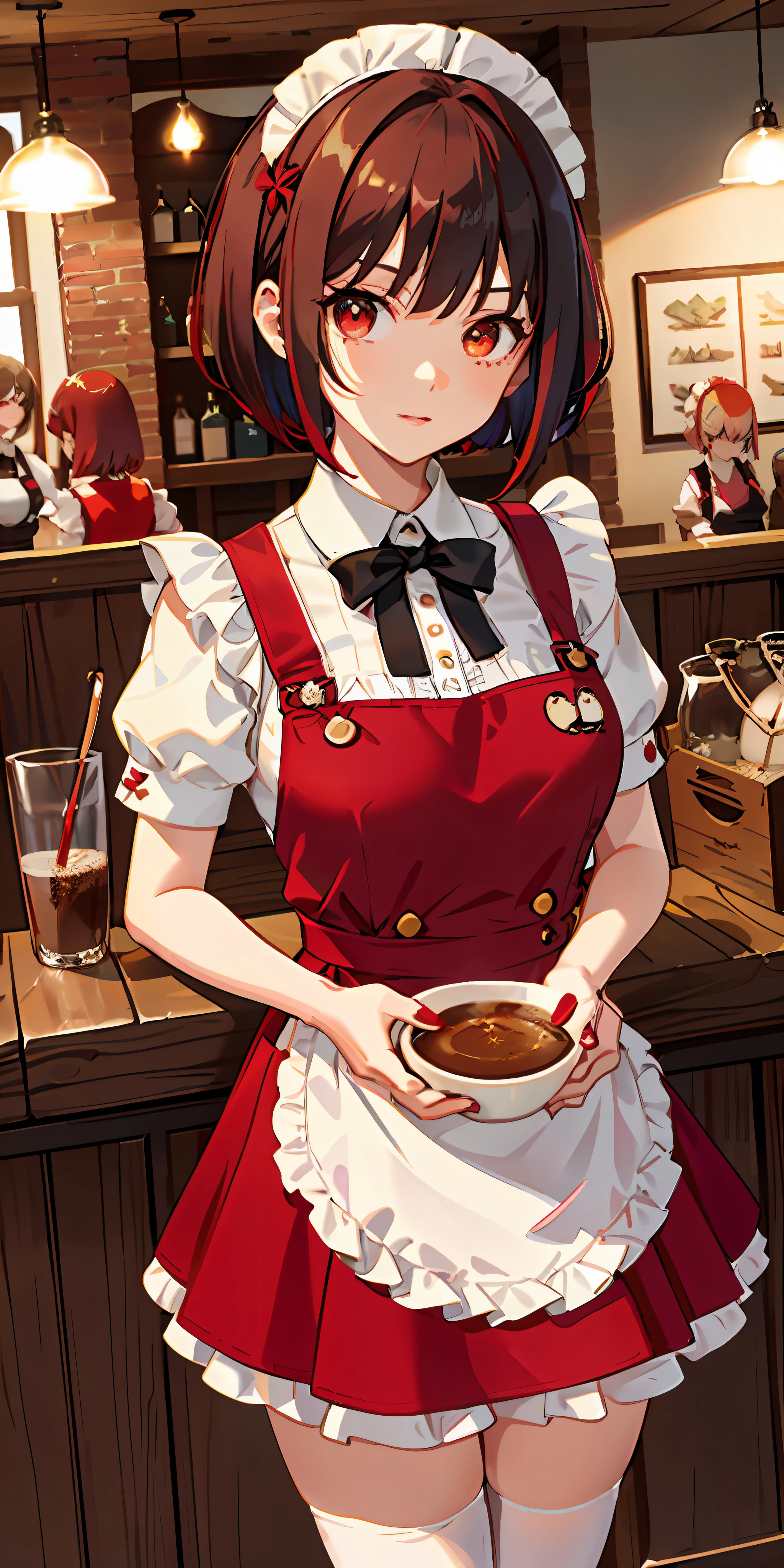 Working in a coffee shop, 1 girl, Age: 18, Hairstyle: Bob cut, (Hair color: bright red), Eye color: Dark green, Face: Expression: Bright and lively round face, cheeks slightly red, Height: 157cm, Body type: Normal, Breast size: Medium, ((red apron, red dress, maid outfit with white frills)),