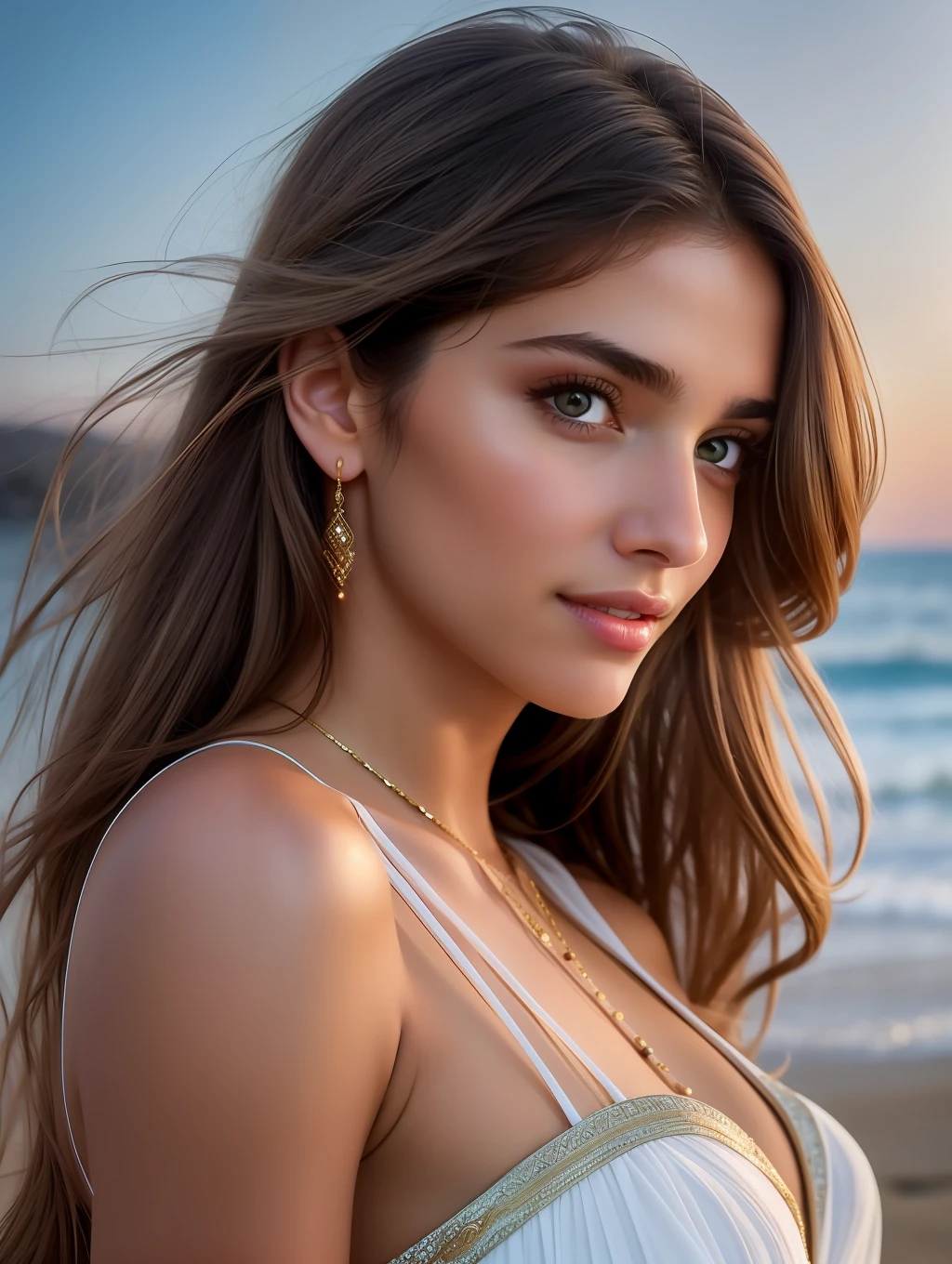 Cinematic soft lighting illuminates a stunningly detailed and ultra-realistic beautiful Middle-Eastern supermodel, beach look, long messy windy brown hair, clear honey eyes, captivating perfect smile, sensual, hot woman, gorgeous, that is trending on ArtStation. Octane is the perfect tool to capture the softest details of this 16k photography masterpiece.