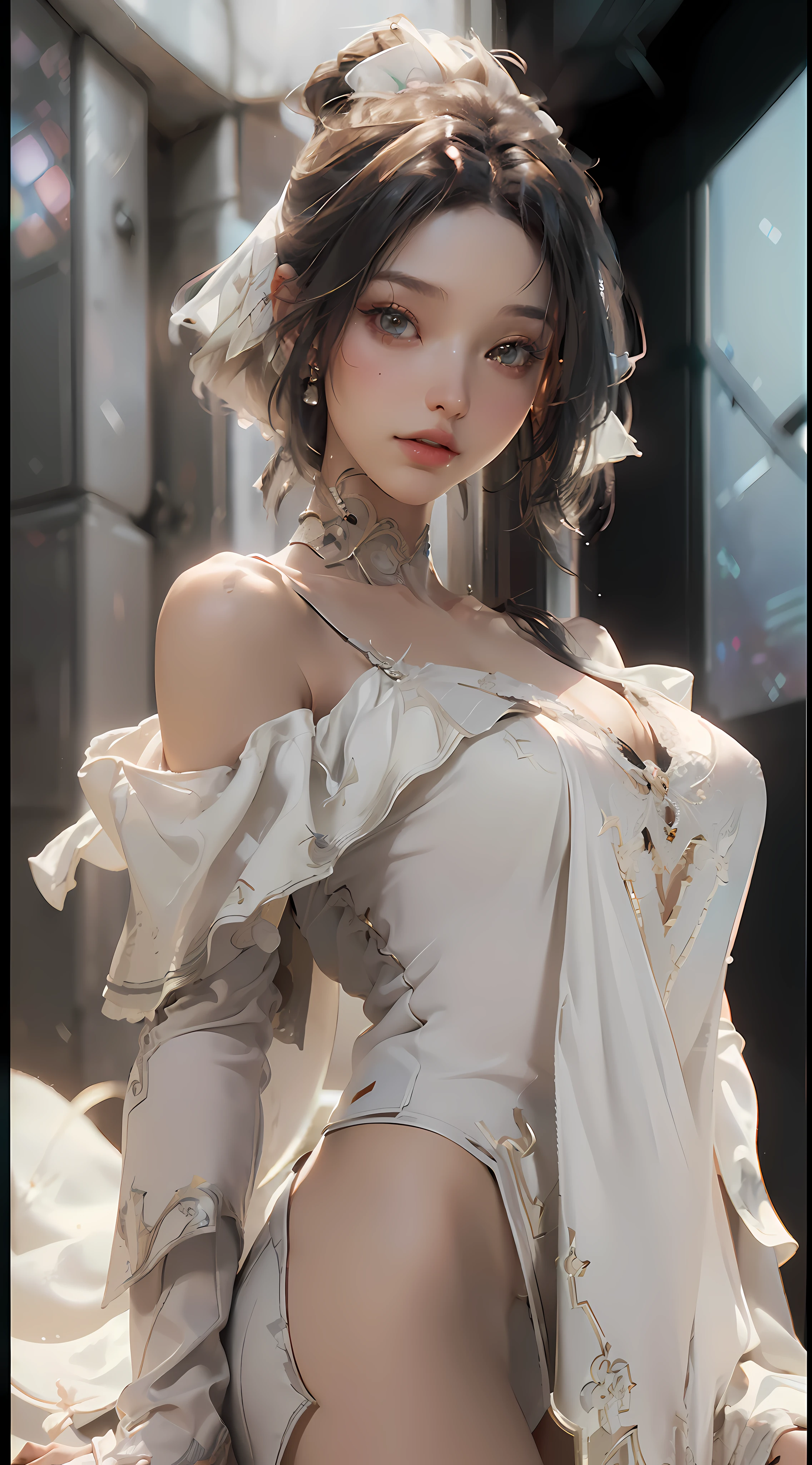 (Best Quality), ((Masterpiece), (Detail: 1.4), 3D, A Beautiful Cyberpunk Woman, HDR (High Dynamic Range), Ray Tracing, NVIDIA RTX, Super-Resolution, Unreal 5, Subsurface Scattering, PBR Textures, Post-Processing, Anisotropic Filtering, Depth of Field, Maximum Sharpness and Clarity, Multi-layer Textures, Albedo and Highlight Maps, Surface Shading, Accurate simulation of light-material interactions, perfect proportions, Octane Render, two-color light, large aperture, low ISO, white balance, rule of thirds, 8K RAW, nude, off-the-shoulder, camisole