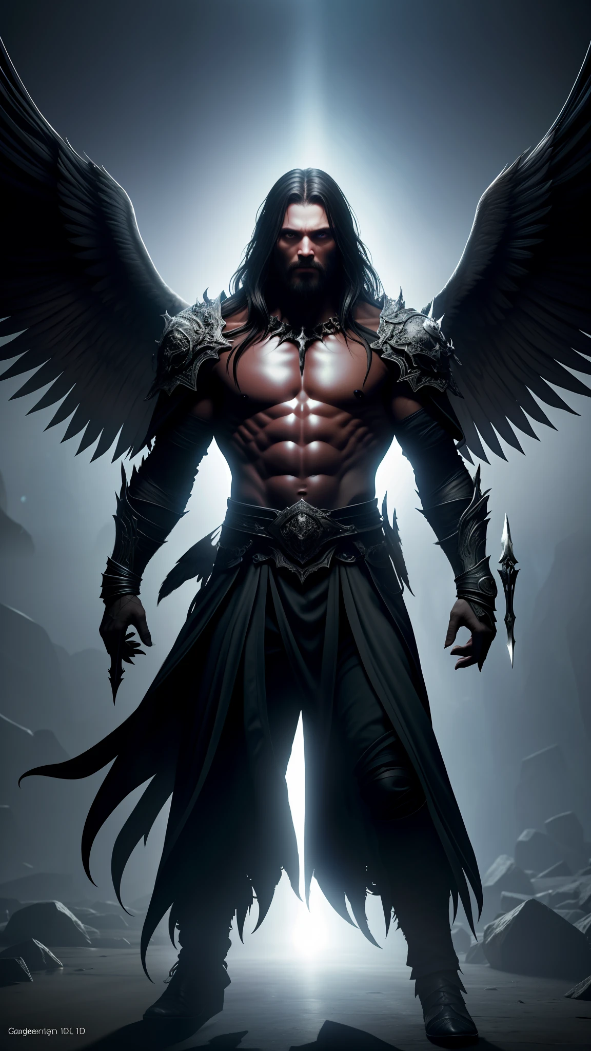 dark, (ashenhard style: 1.1),, a black-haired lucifer male angel, in abyss with beams of light enveloping his body, his feathered wings are open, a golden halo over his head, muscular, beard, masculine, masterpiece, best quality, intricate detail, absurd, high detail color RAW Photo, highly detailed, rough lighting, cinematic lighting, detailed eyes, distinct pupils,  contrast, textured skin, cold skin pores, hard light, gigapixel, visible feet, flawless face, 8k resolution, beautiful, cinematic, elegant, hyperrealistic, octane render, unreal, high definition, 8k resolution, highly detailed, 8k uhd, professional lighting, photon mapping, radiosity, physics-based rendering, perfect face, detailed face and body, award-winning photography, detailed face, backlight, ultrarealistic, ray tracing,  intense gaze, cinematic lighting