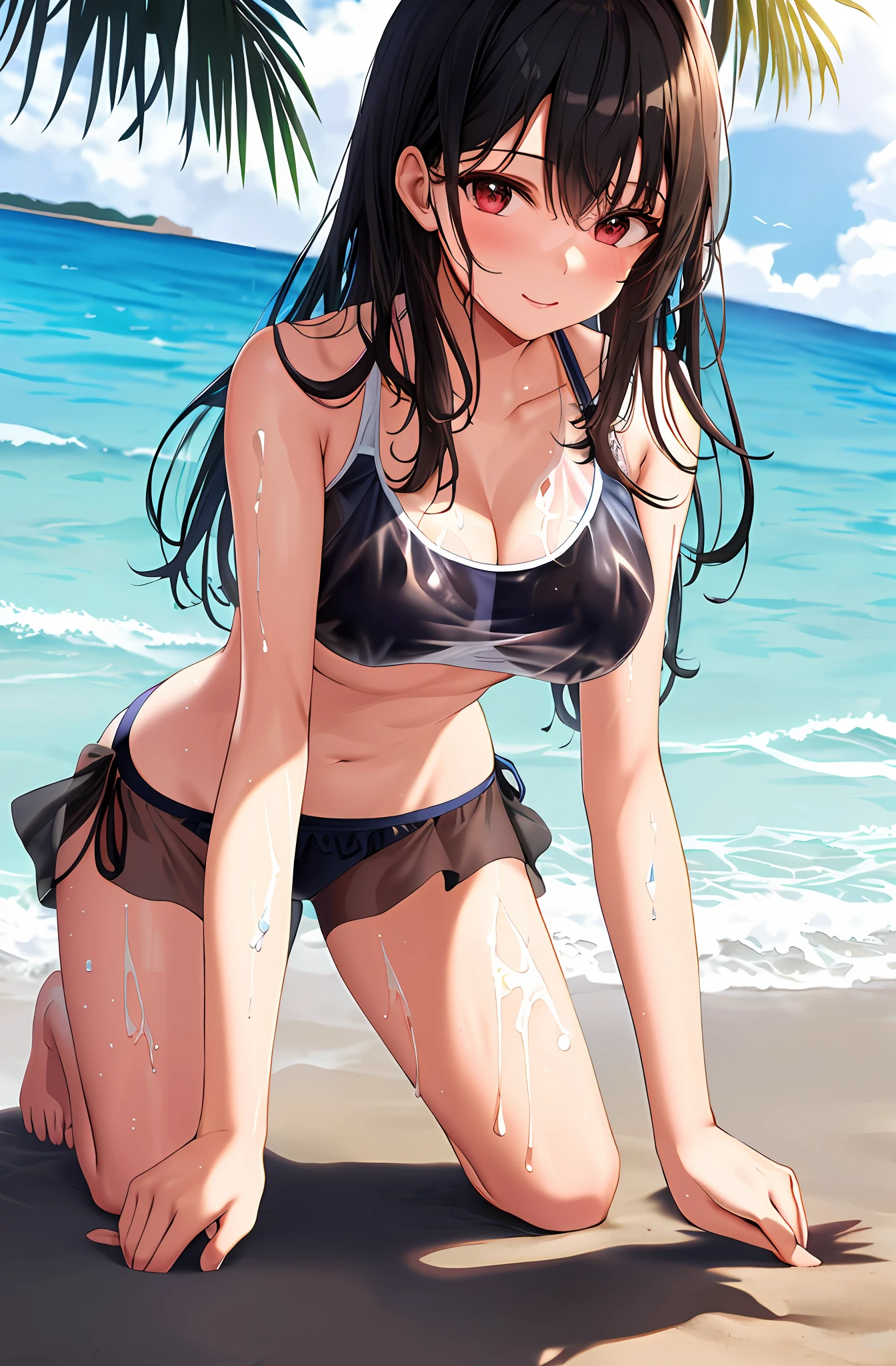 swimsuit, bikini, t-shirt, see-through, stand out from under clothes, beach, best quality, masterpiece, ultra detailed, wet body, on all fours,blonde long, bangs, evil smile