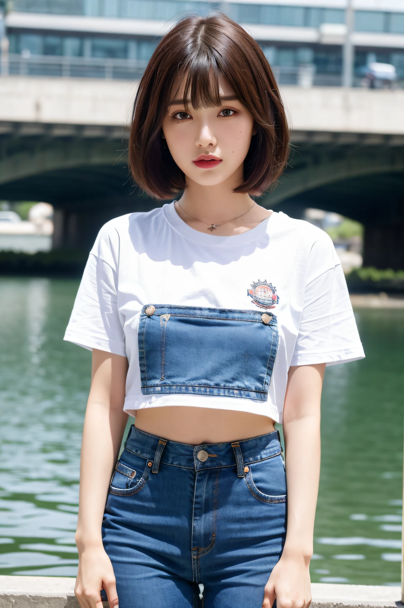 (realistic:1.4), best quality, ultra high res, 4k, instagram,highly detailed, 1girl , crop t-shirt, jeans short, short hair, bangs,at the riverside,