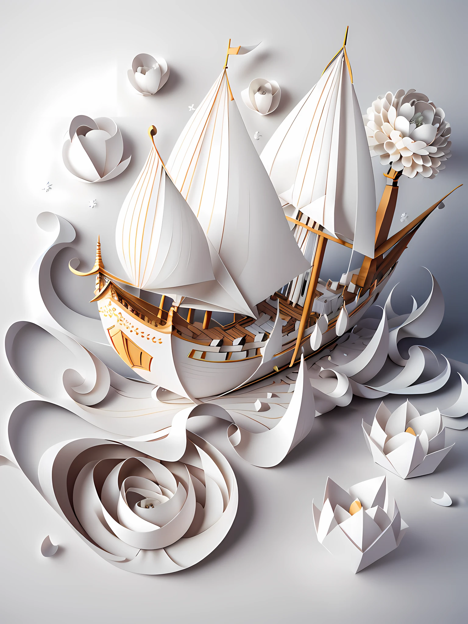 Best quality, paper cutting, paper carving craft, sailboat, 3D stereoscopic rendering, 4K resolution, white background, natural style, compact and elegant, simple and gorgeous, with white background as the background, showing the beauty of beautiful nature.