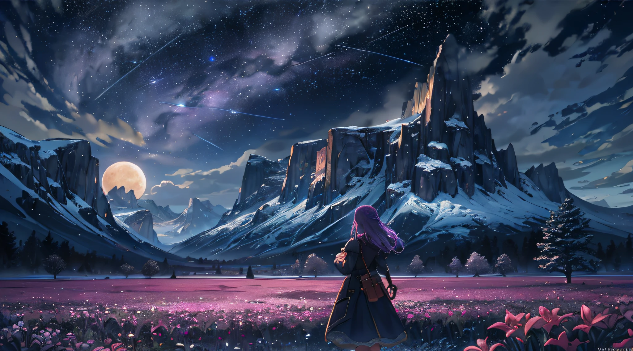 Expansive landscape photograph, (view from below with a view of the sky and wilderness below), little girl standing in a flower field looking up, (full moon: 1.2), (shooting star: 0.9), (nebula: 1.3), distant mountain, tree break production art, (warm light source: 1.2), (firefly: 1.2), lamp, purple and orange, intricate detail, volume lighting, realism break (masterpiece: 1.2) (Best Quality), 4K, Ultra-Detailed, (Dynamic Configuration: 1.4), Highly Detailed and Colorful Details, (Iridescent Colors: 1.2), (Glowing Lighting, Atmospheric Lighting), Dreamy, Magical, (Solo: 1.2)