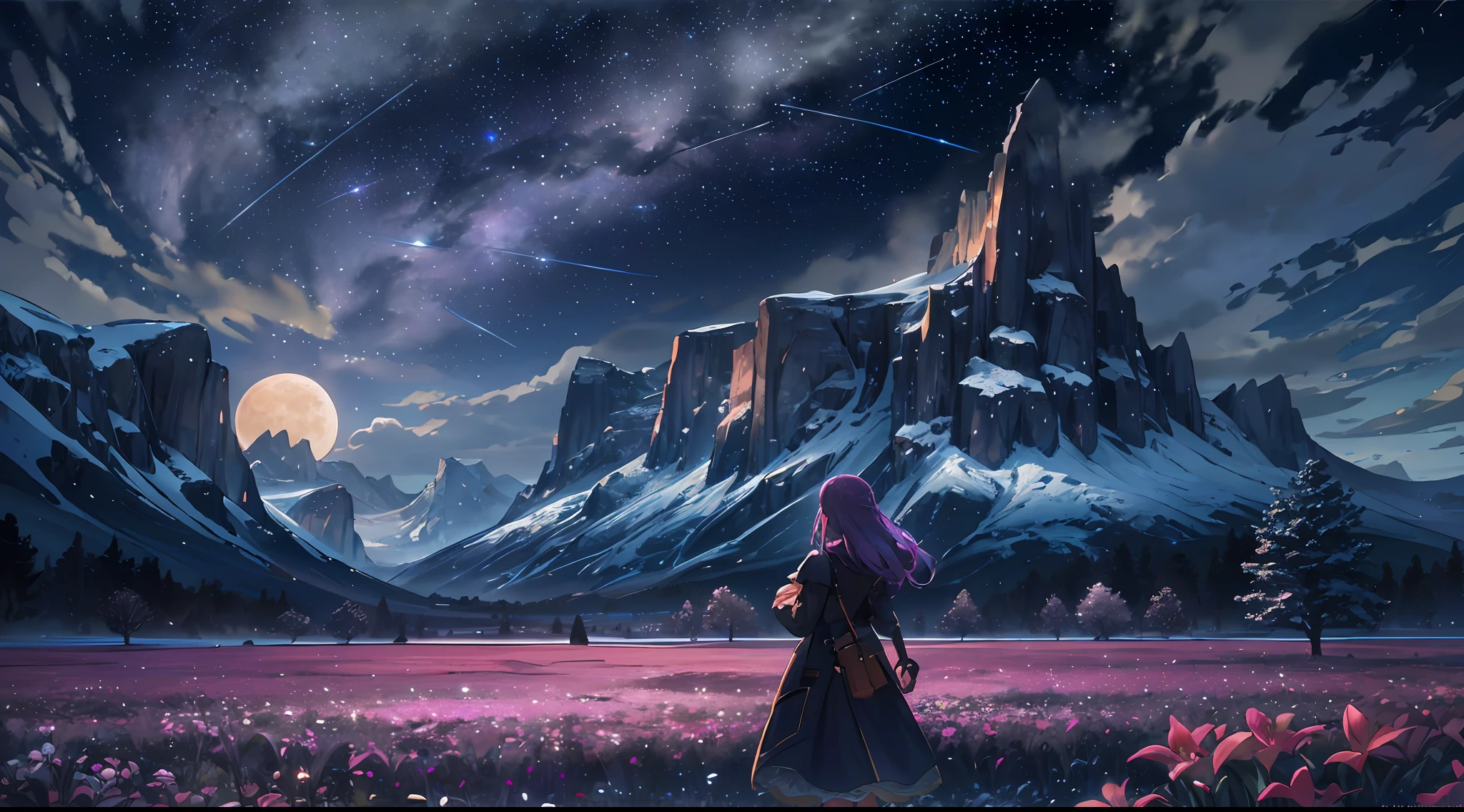 Expansive landscape photograph, (view from below with a view of the sky and wilderness below), ****** girl standing in a flower field looking up, (full moon: 1.2), (shooting star: 0.9), (nebula: 1.3), distant mountain, tree break production art, (warm light source: 1.2), (firefly: 1.2), lamp, purple and orange, intricate detail, volume lighting, realism break (masterpiece: 1.2) (Best Quality), 4K, Ultra-Detailed, (Dynamic Configuration: 1.4), Highly Detailed and Colorful Details, (Iridescent Colors: 1.2), (Glowing Lighting, Atmospheric Lighting), Dreamy, Magical, (Solo: 1.2)